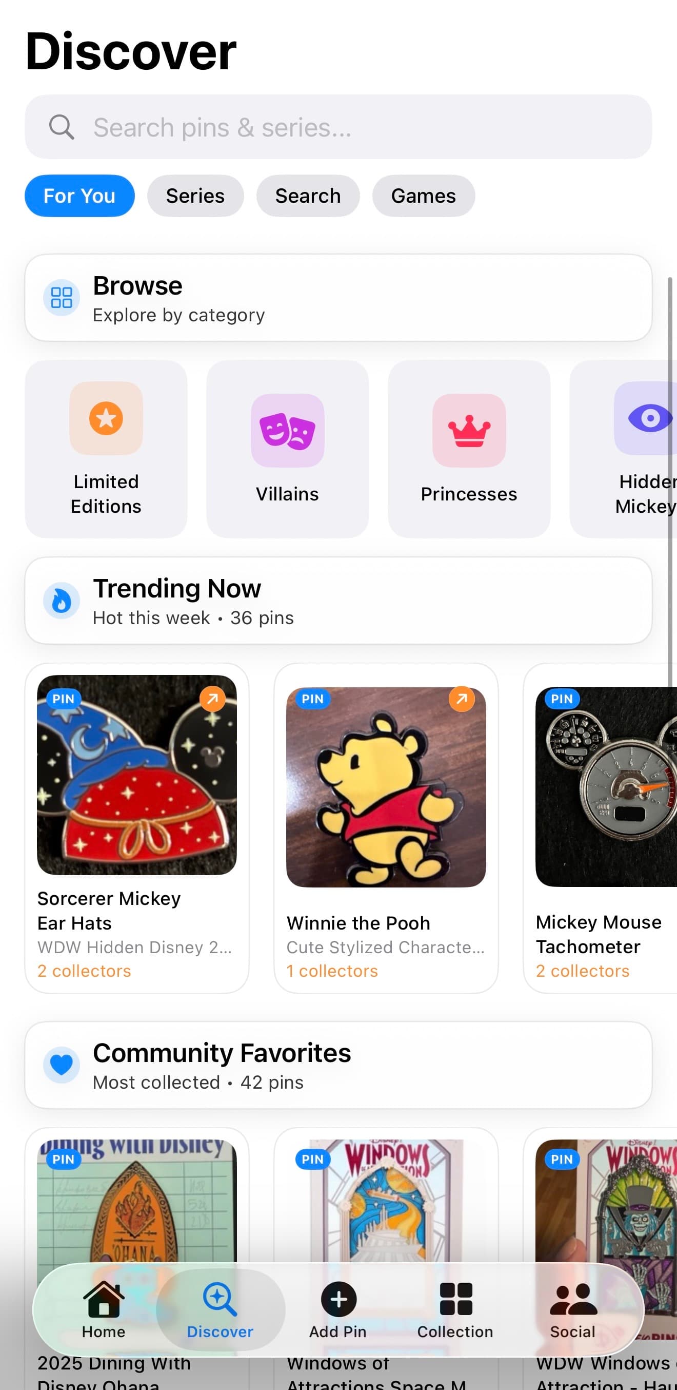 Pinsdex discovery screen for finding relevant pins and series