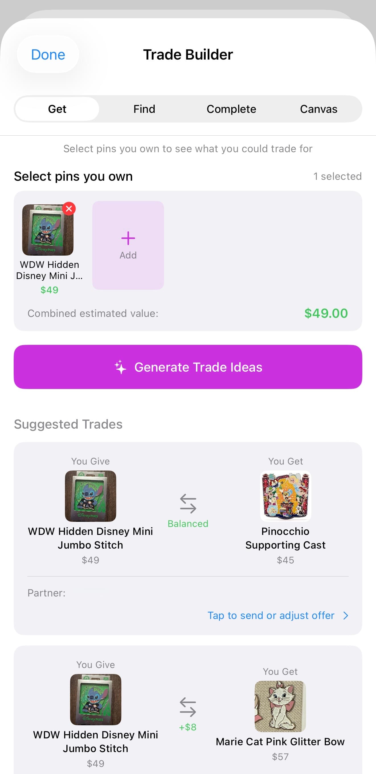 Disney pin trading app screen for building balanced offers in Pinsdex
