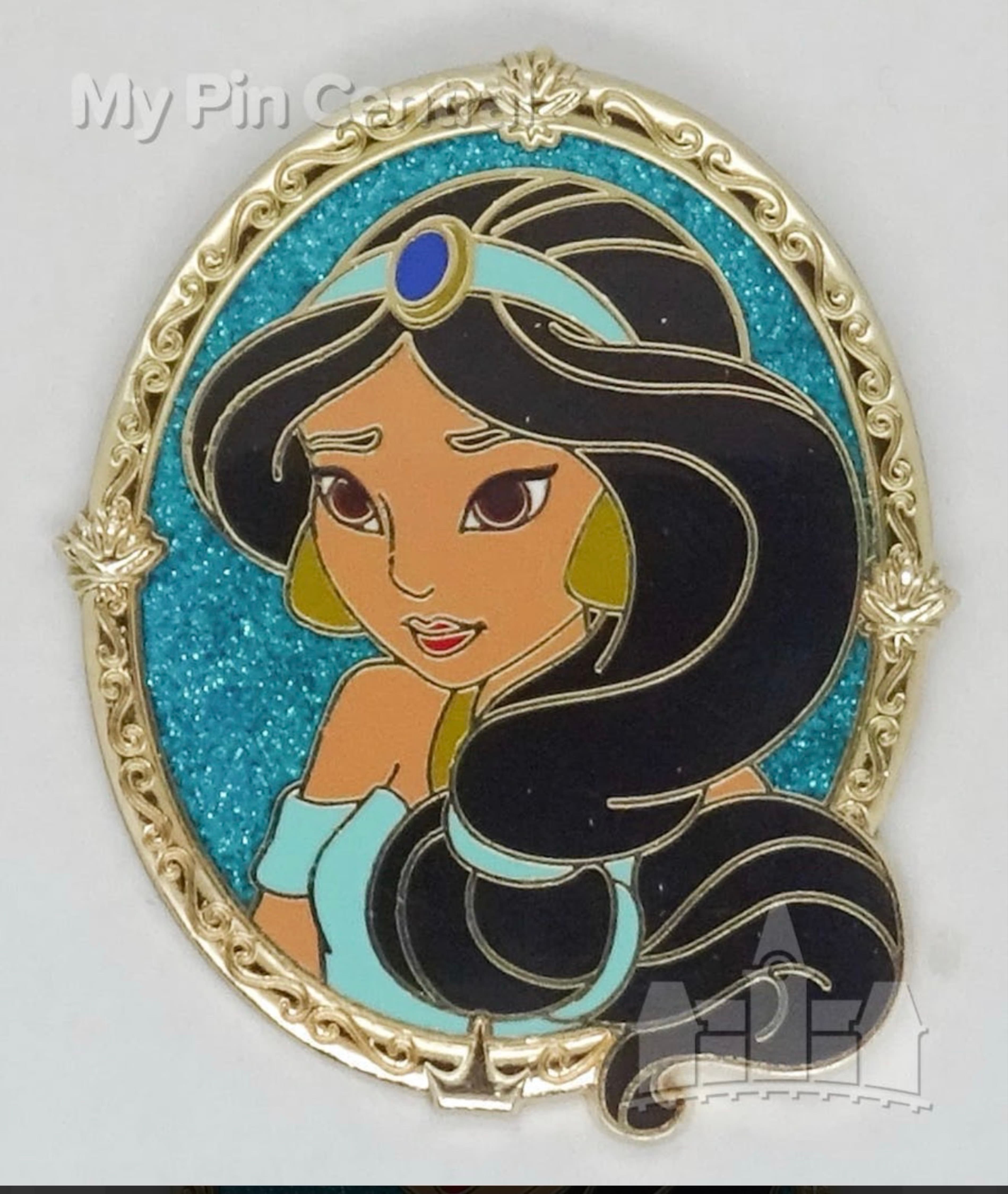 Princess Jasmine Portrait Gold Frame Glitter Pin front