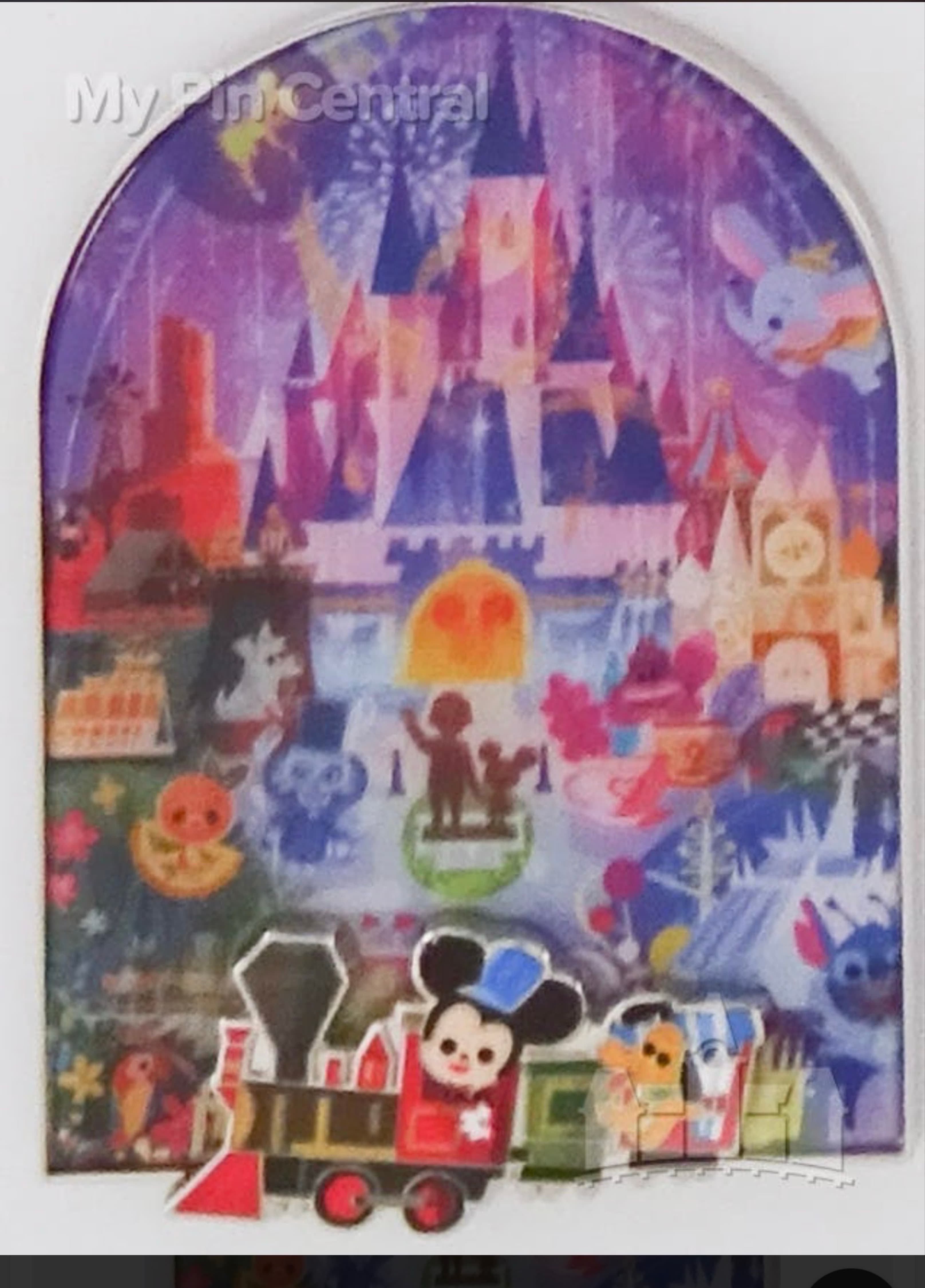 Mickey Mouse Train with Disney Parks Collage Background Pin front