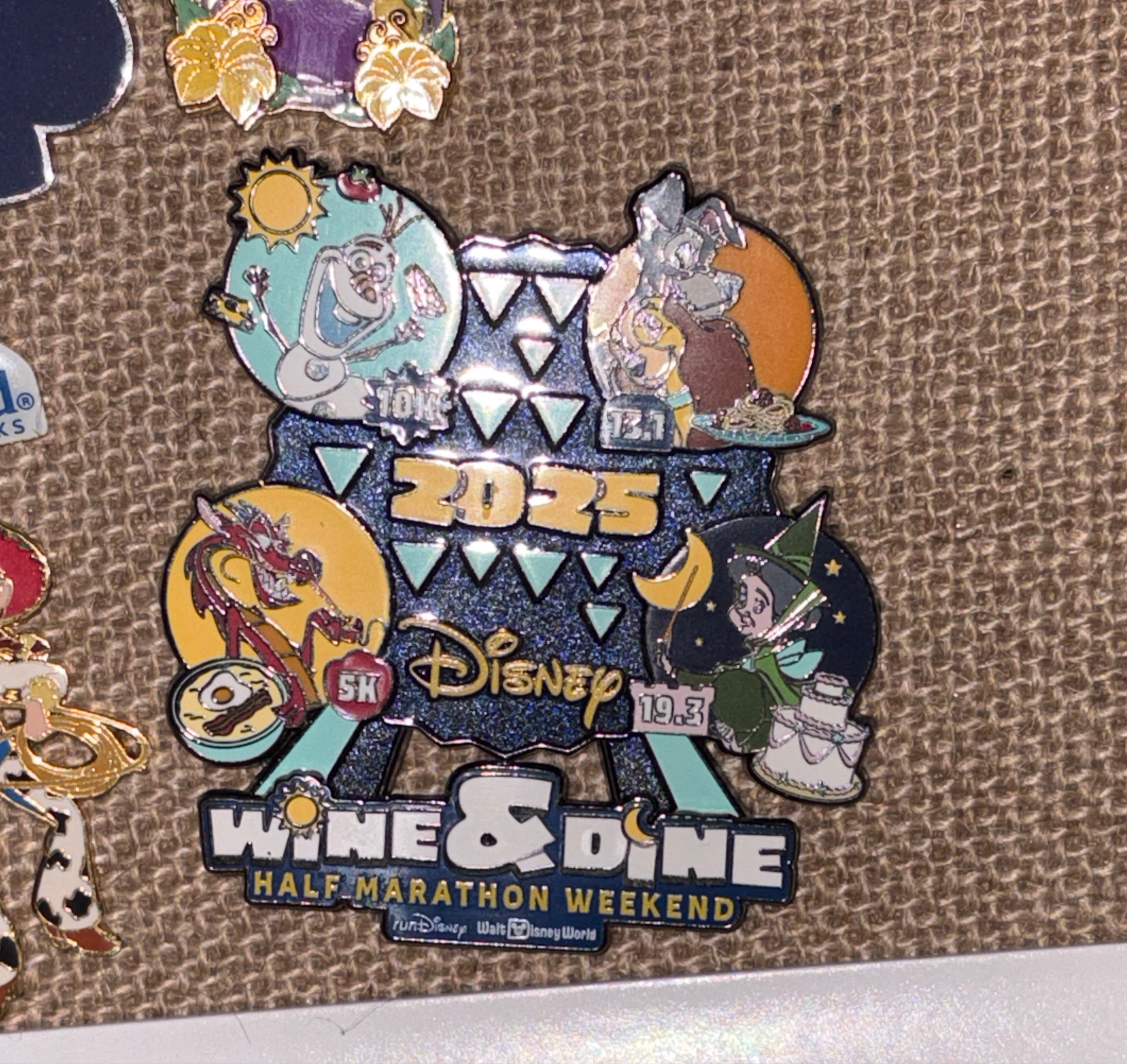 Wine & Dine Half Marathon Weekend 2025 Logo Pin - Mushu, Olaf, Lady & Tramp, Fauna front