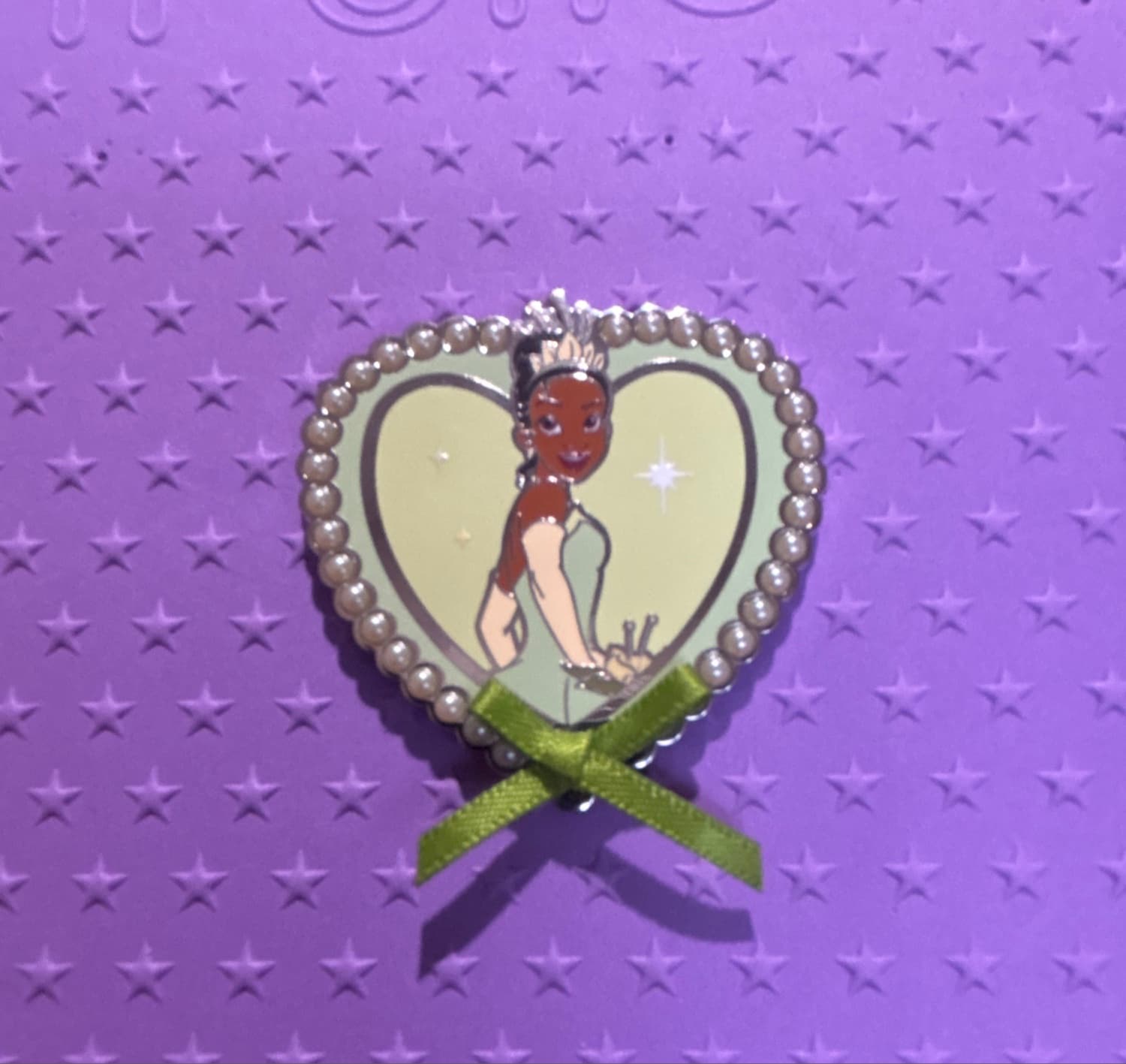 Disney Tiana Princess Heart Portrait Pin with Ribbon and Pearls front