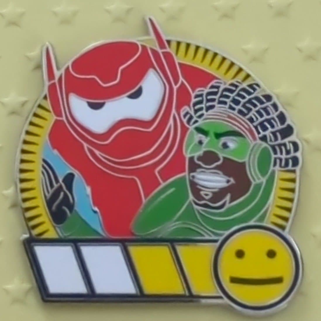 Big Hero 6 Mystery Pin - Baymax (Red Armor) and Wasabi with Yellow Emoji front