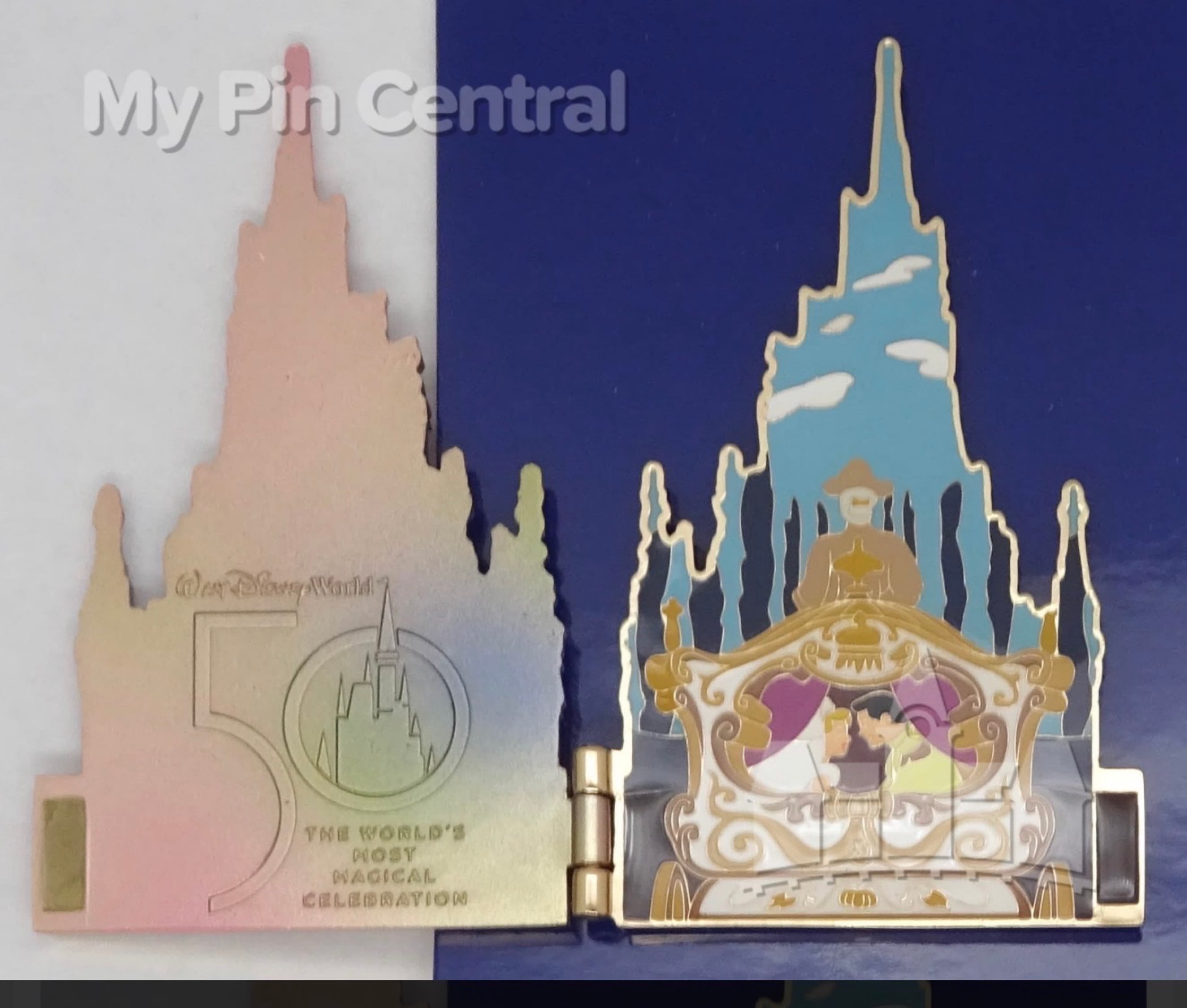 Walt Disney World 50th Anniversary Cinderella Castle Hinged Jumbo Pin - Cinderella & Prince Charming Carriage front