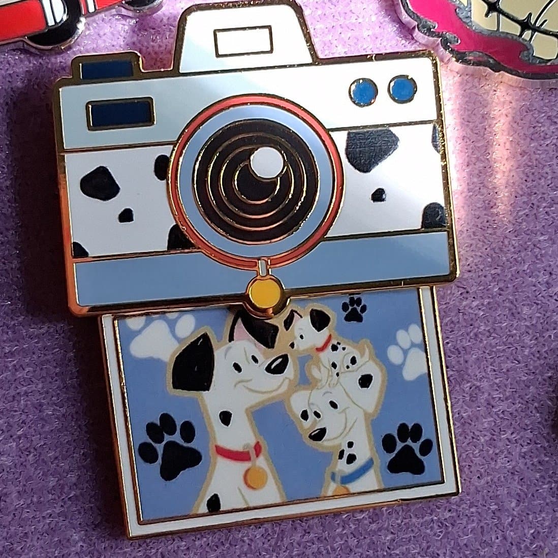 Disney Cats & Dogs Camera Sliding Blind Box Enamel Pin - 101 Dalmatians (Pongo, Perdita, & Puppies) front