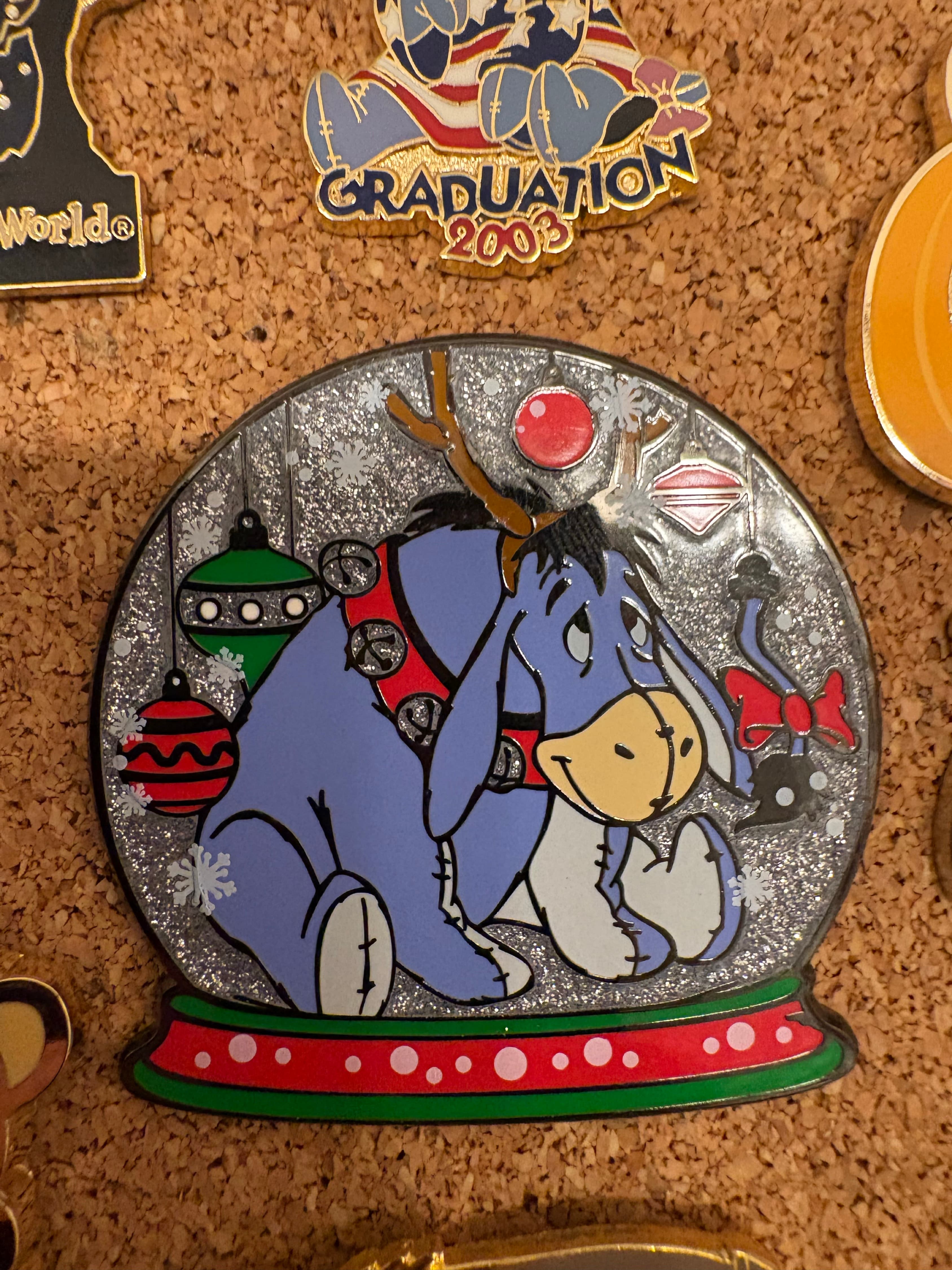 Eeyore Reindeer Snow Globe Holiday Pin front