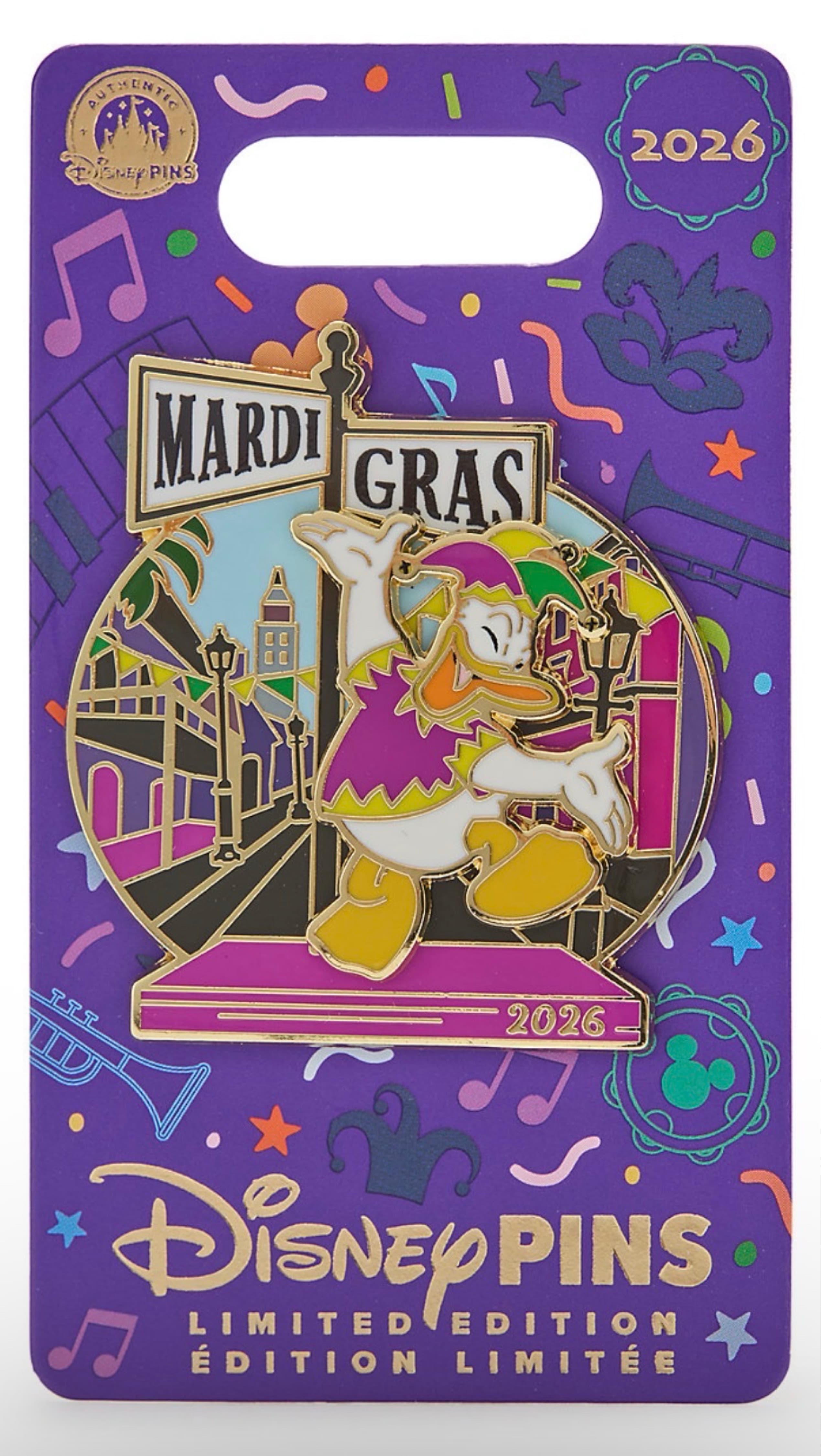 Donald Duck Mardi Gras 2026 Pivot Pin front
