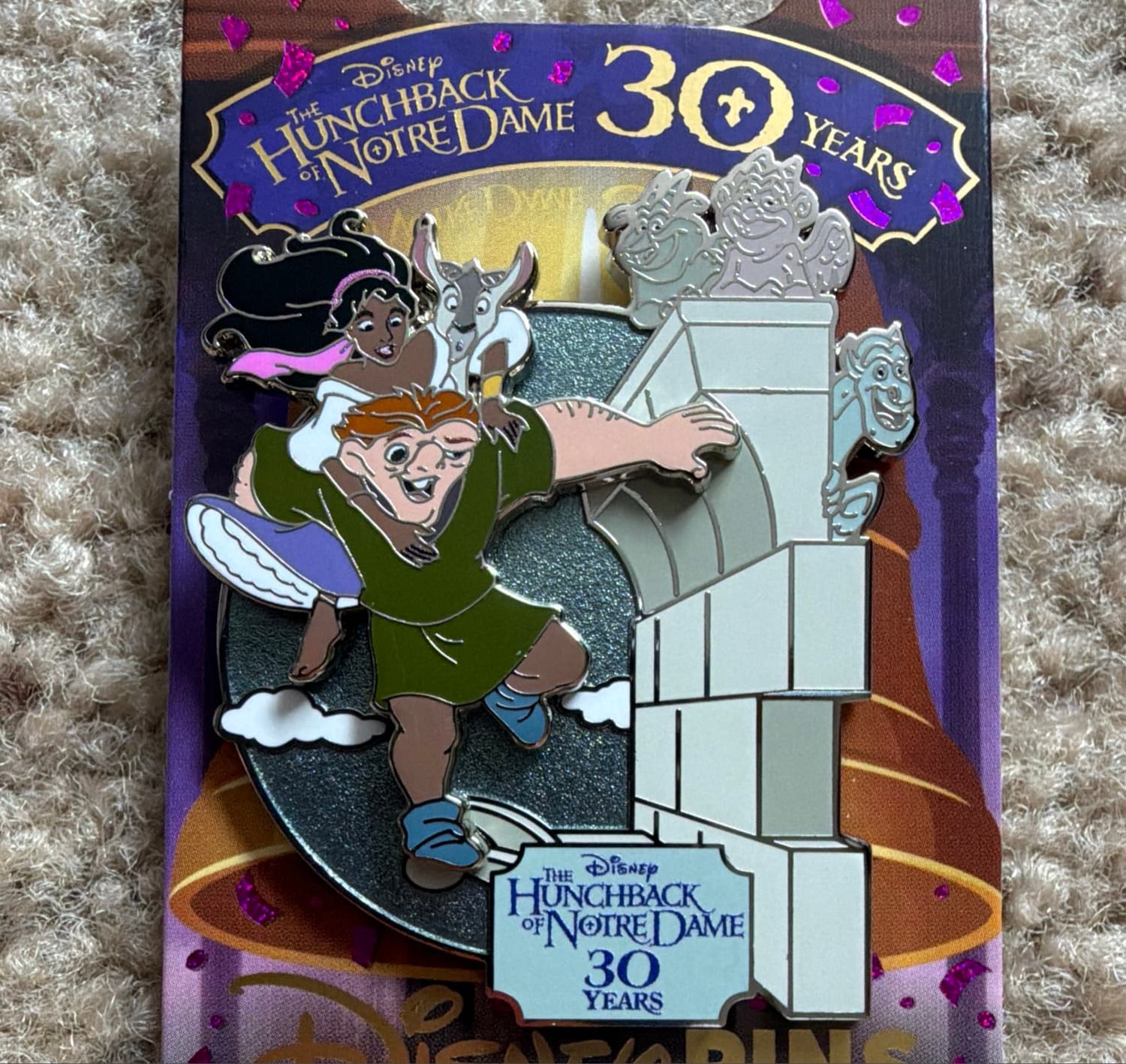Quasimodo, Esmeralda, Djali, and Gargoyles - The Hunchback of Notre Dame 30th Anniversary Mystery Pin Set front