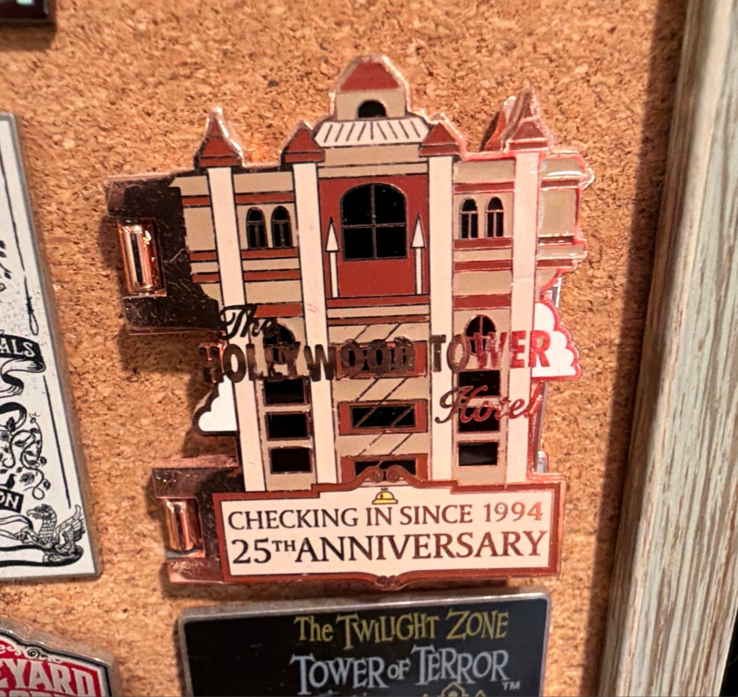 Hollywood Tower Hotel 25th Anniversary - Checking In Since 1994 Hinged Pin with Mickey Mouse front