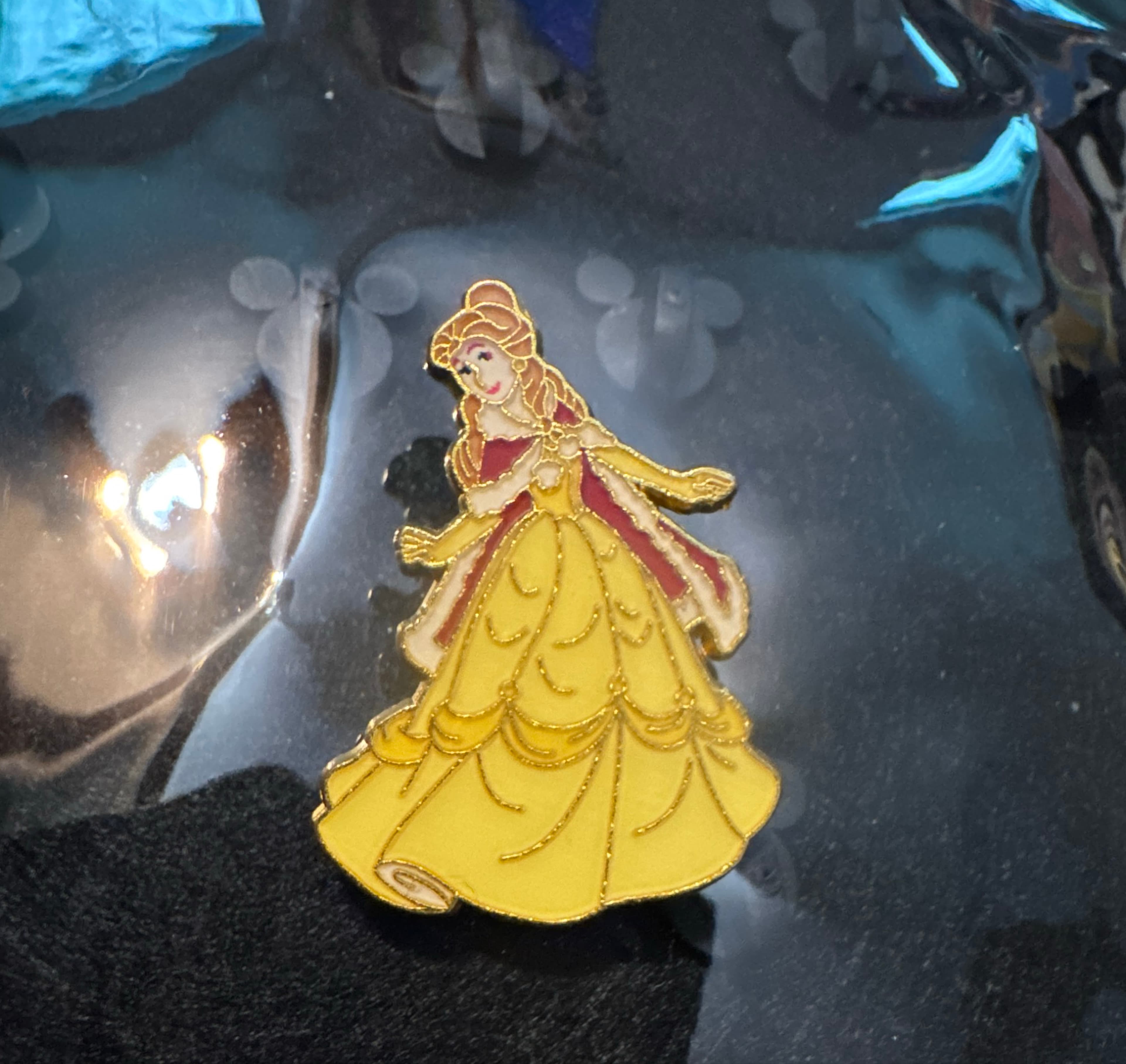 Belle Standing in Yellow Gown with Red Trim front
