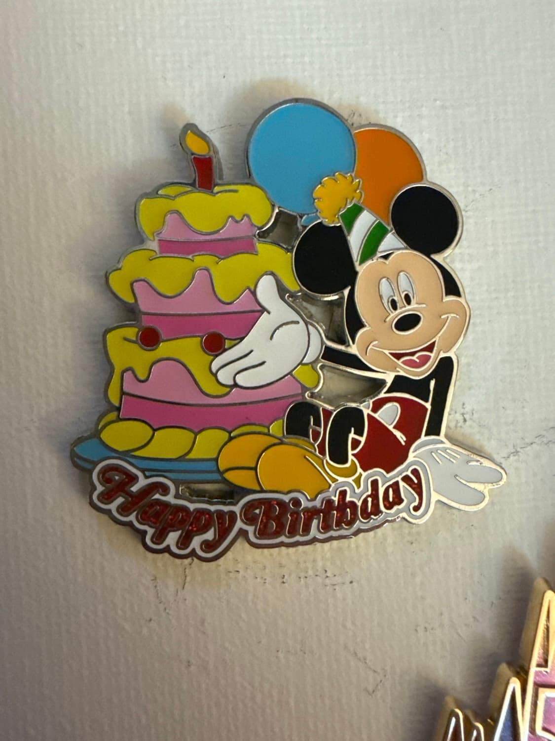 Mickey Holding Out Cake Happy Birthday Pin front