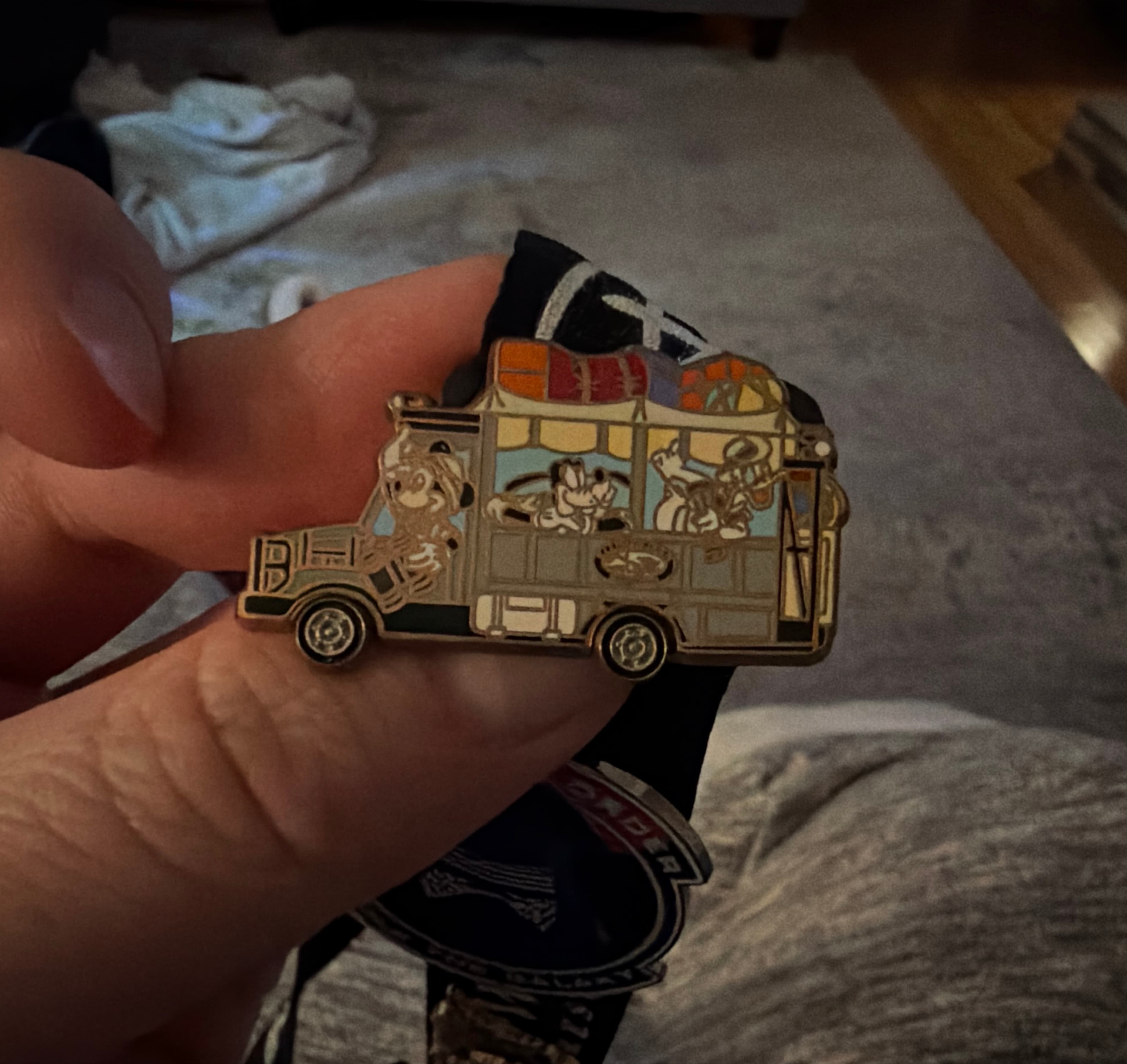 Mickey, Goofy, and Pluto in Vintage Travel Truck with Luggage Pin front