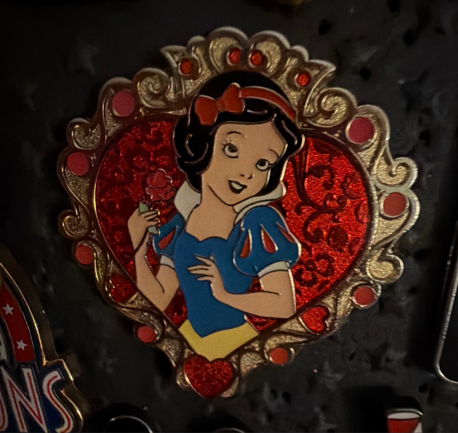 Snow White Storybook Princess Hearts Glitter Pin front