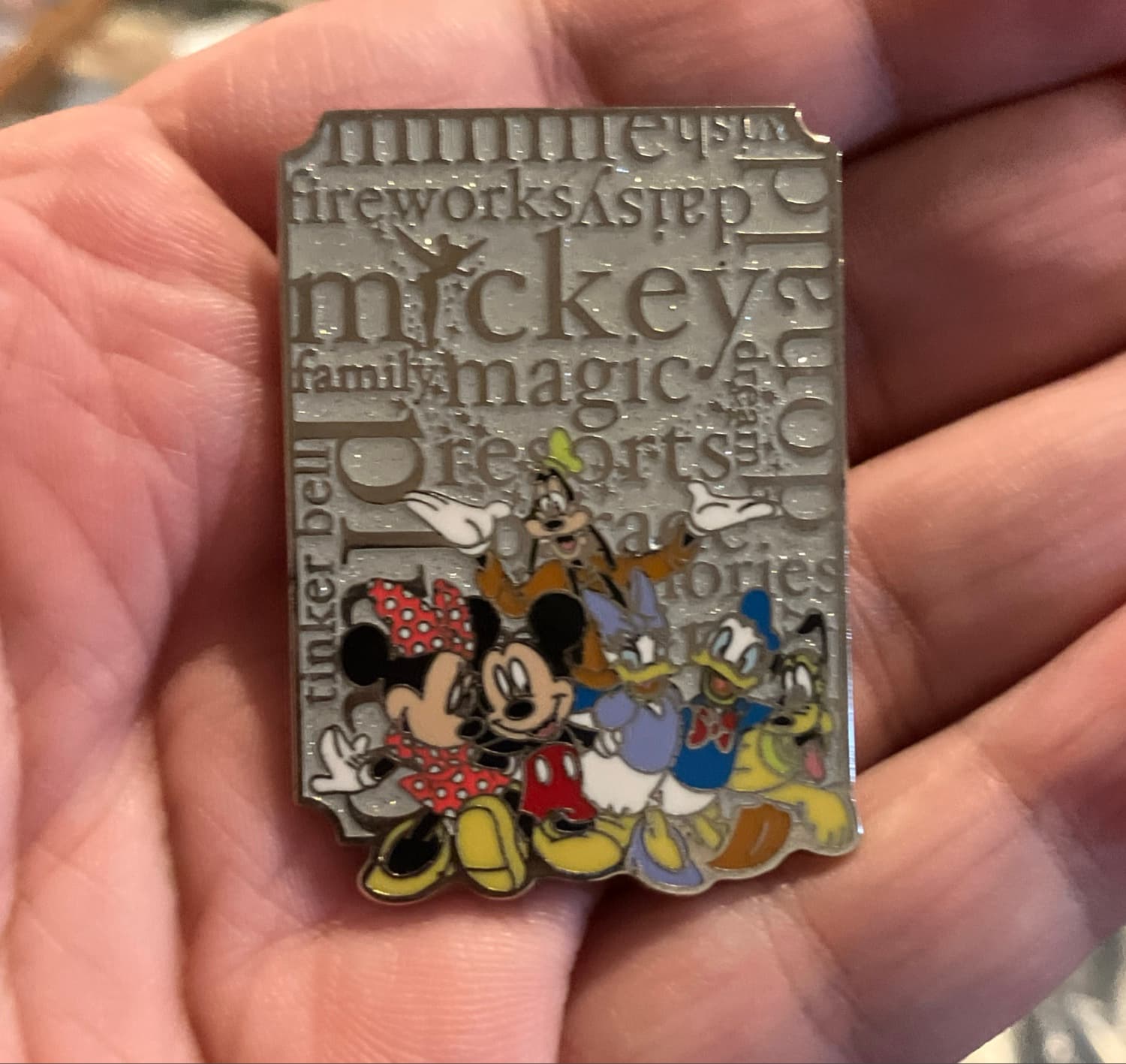 Mickey and Friends Word Cloud Glitter Pin front