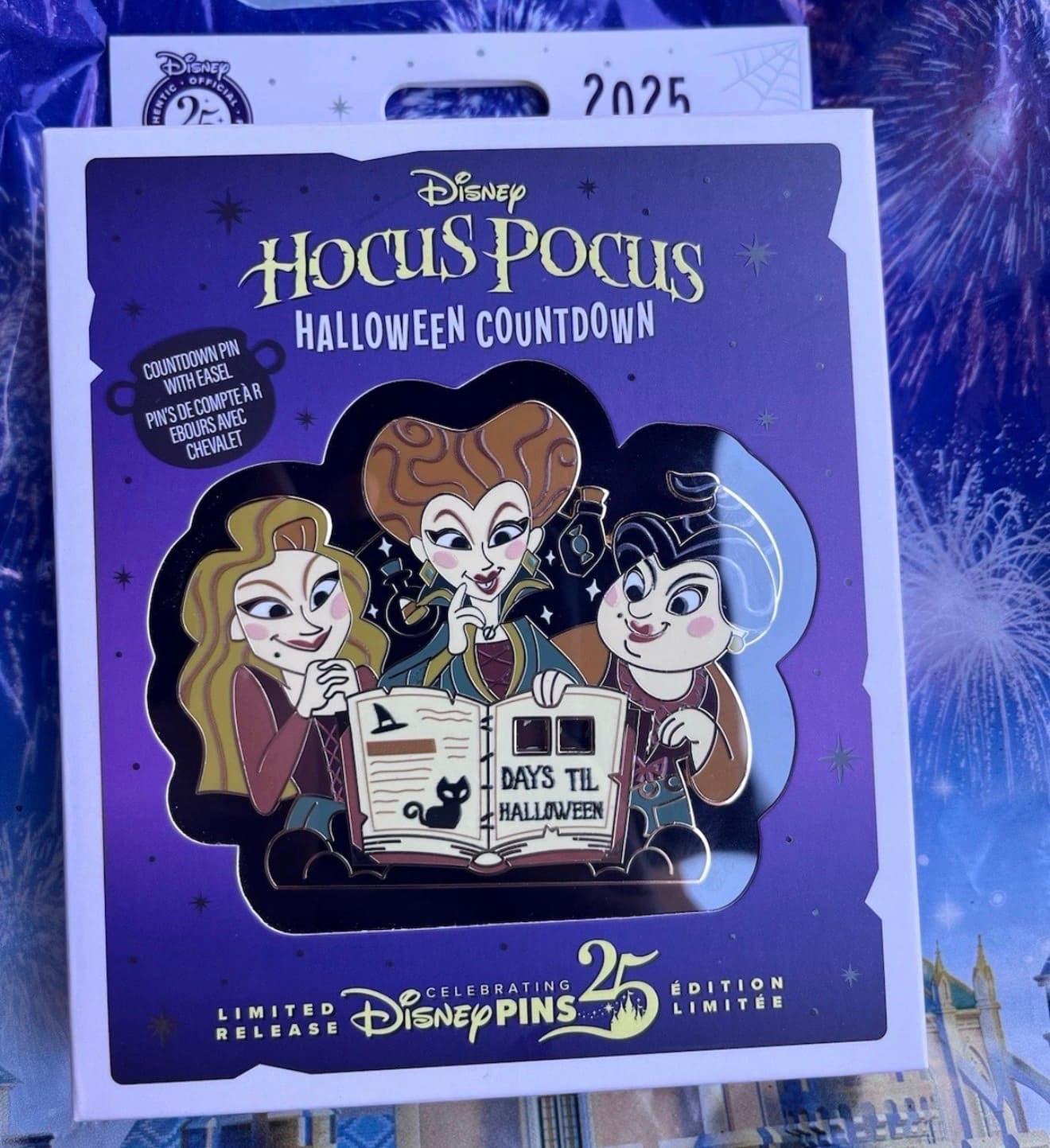 Hocus Pocus Jumbo Halloween Countdown Pin 2025 - Sanderson Sisters with Easel front