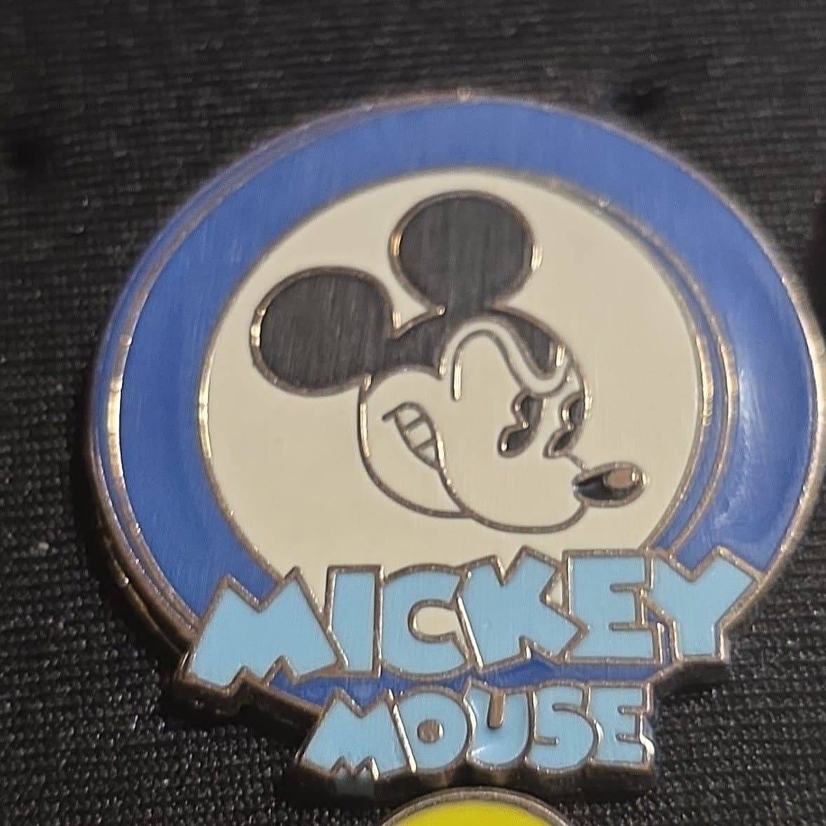 Mickey Mouse Profile Blue Circle with 'MICKEY MOUSE' Text Pin