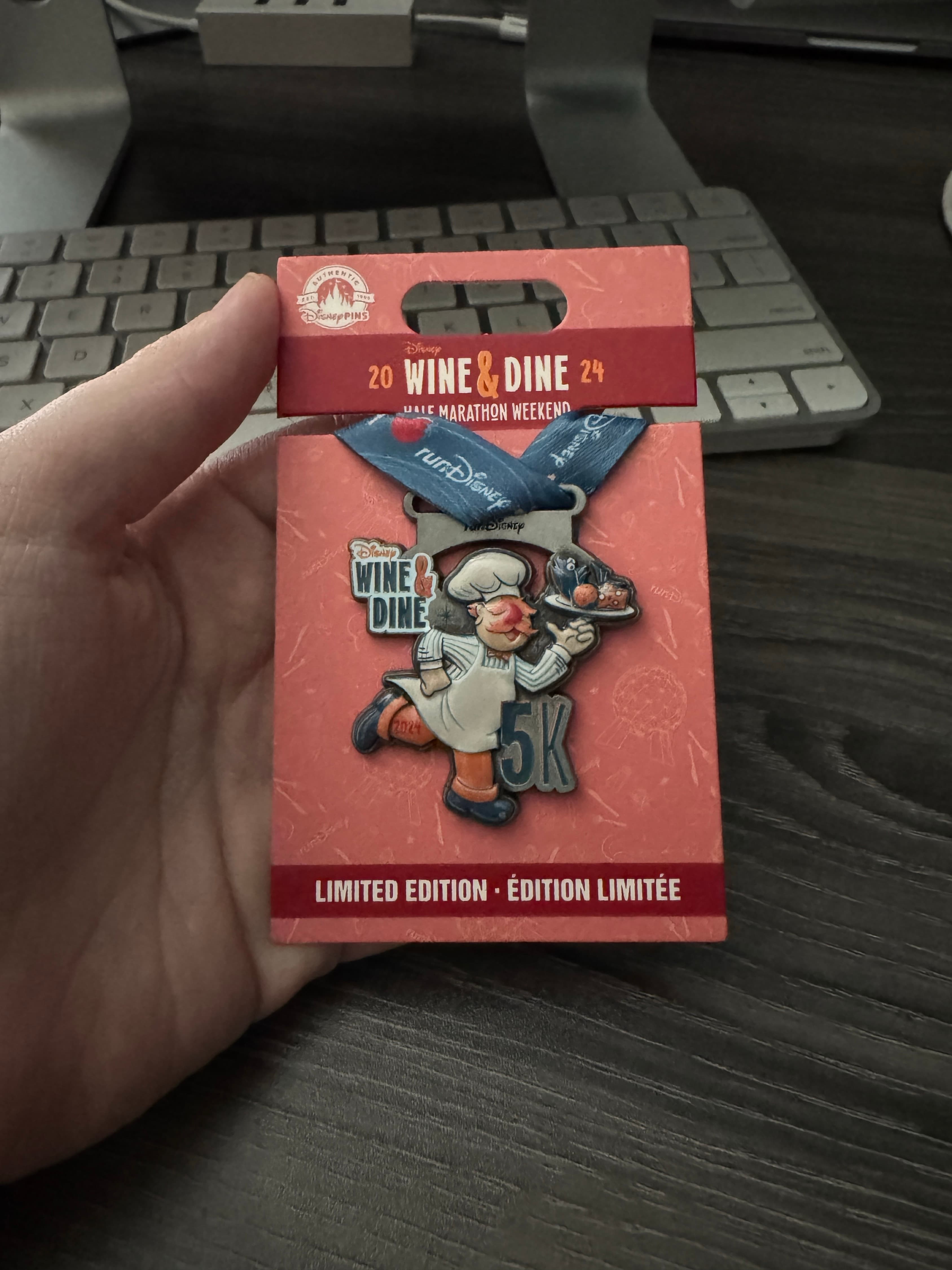 2024 Wine & Dine Half Marathon Weekend 5K Swedish Chef Medal Replica Pin front
