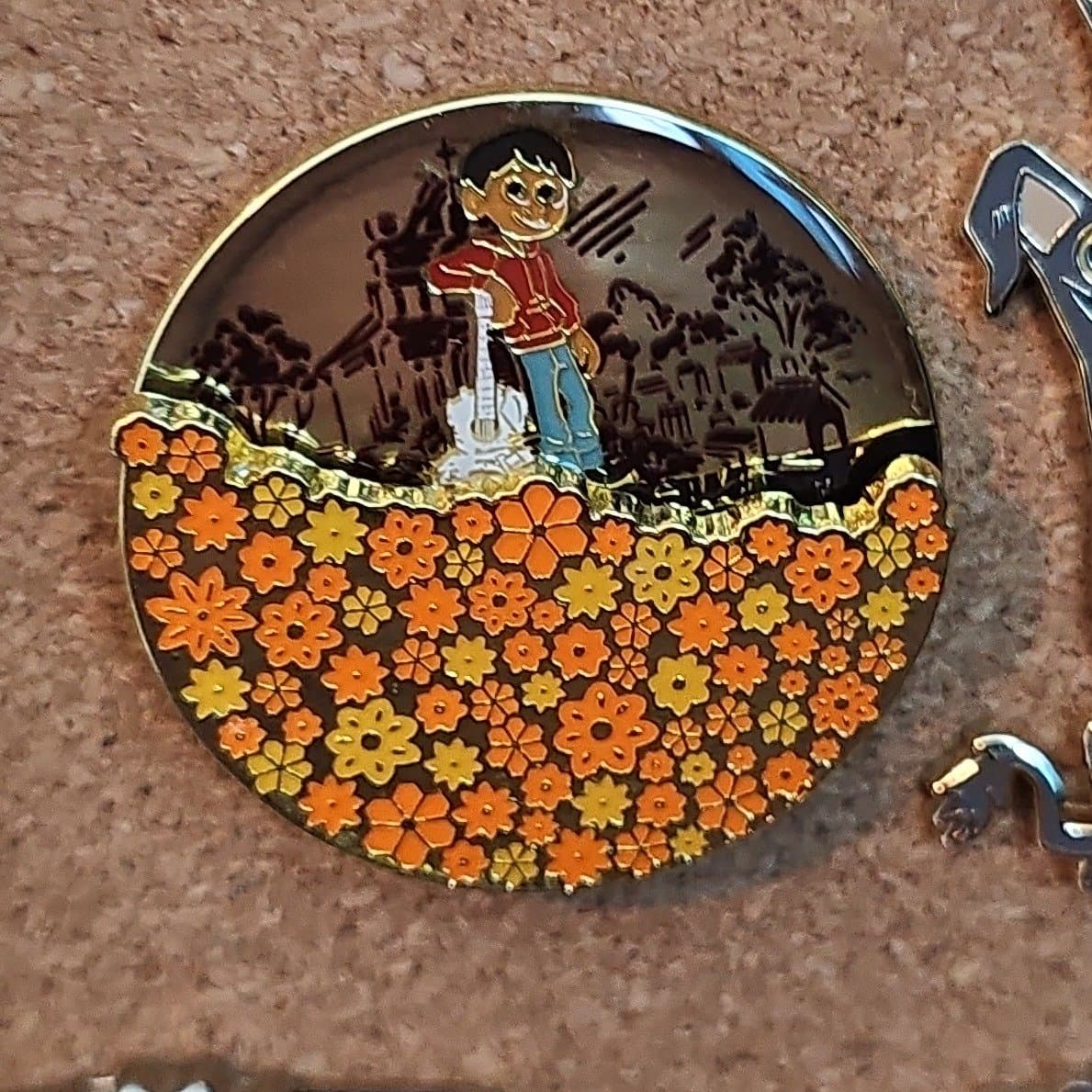 Loungefly Disney Pixar Coco Miguel And Spinning Marigold Flowers Enamel Pin front