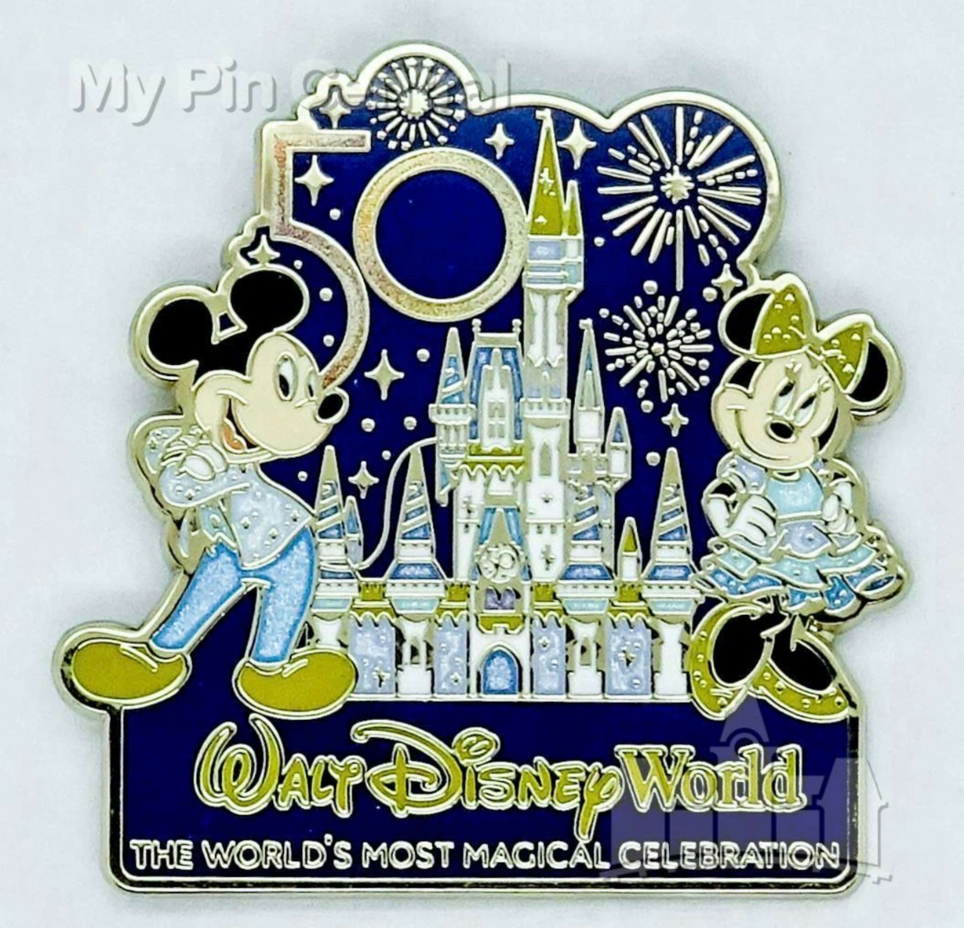 Walt Disney World 50th Anniversary Mickey and Minnie Cinderella Castle Pin front
