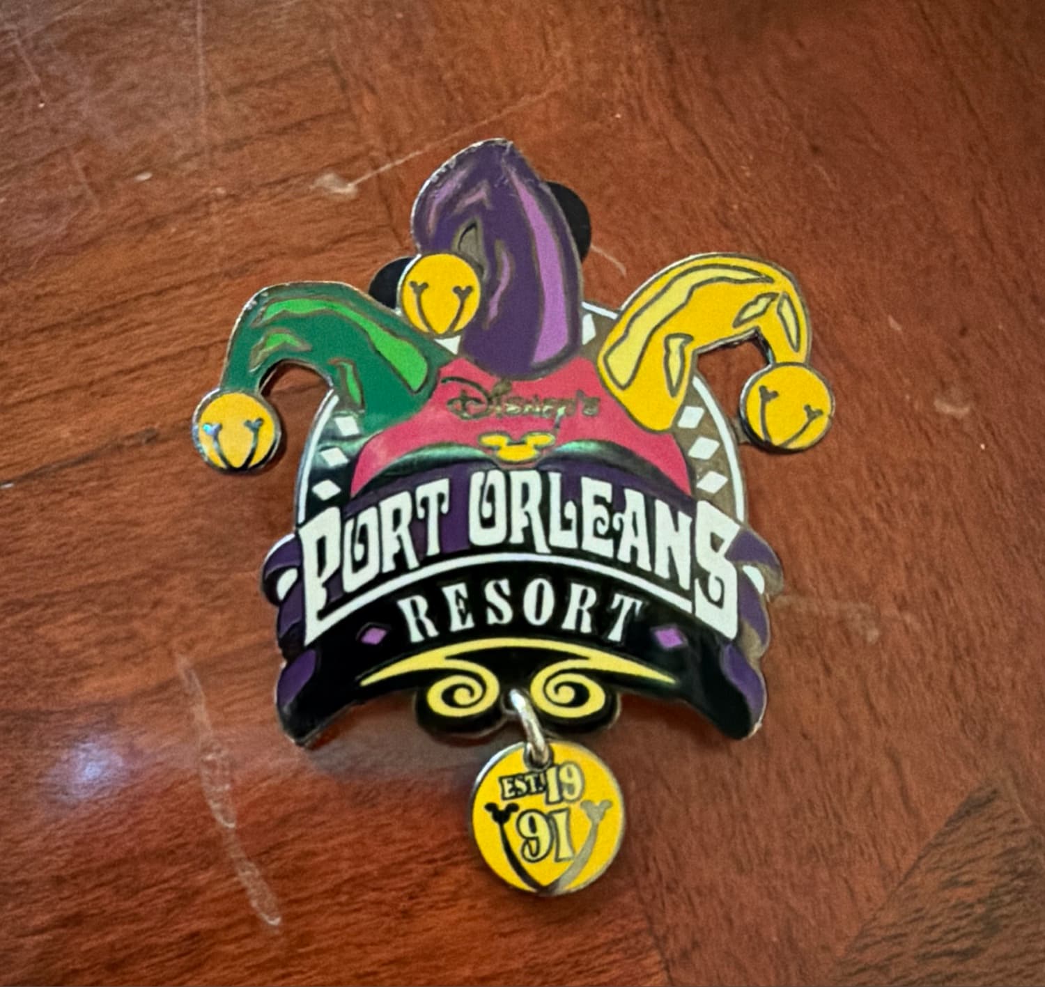 Disney's Port Orleans Resort Jester Hat Dangle Pin - Est. 1991 front