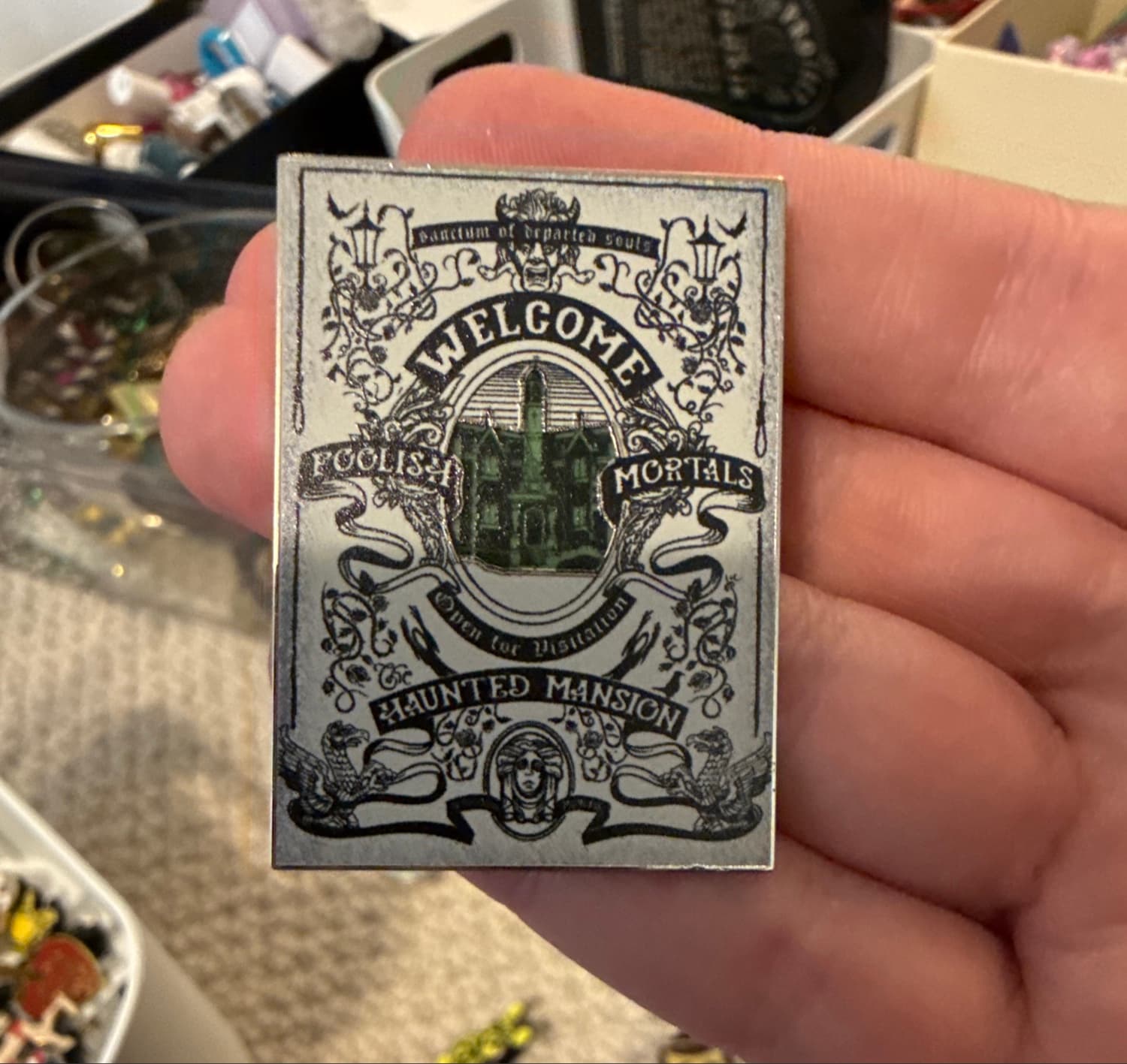 Haunted Mansion Welcome Foolish Mortals Facade Pin front