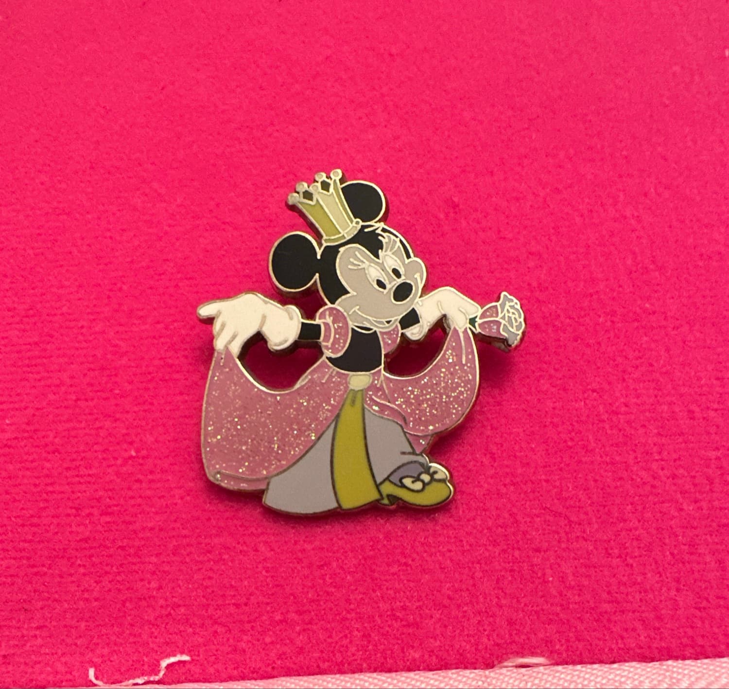 Minnie Mouse Pink Princess Dress Rose Gold Crown Curtsy Pin front