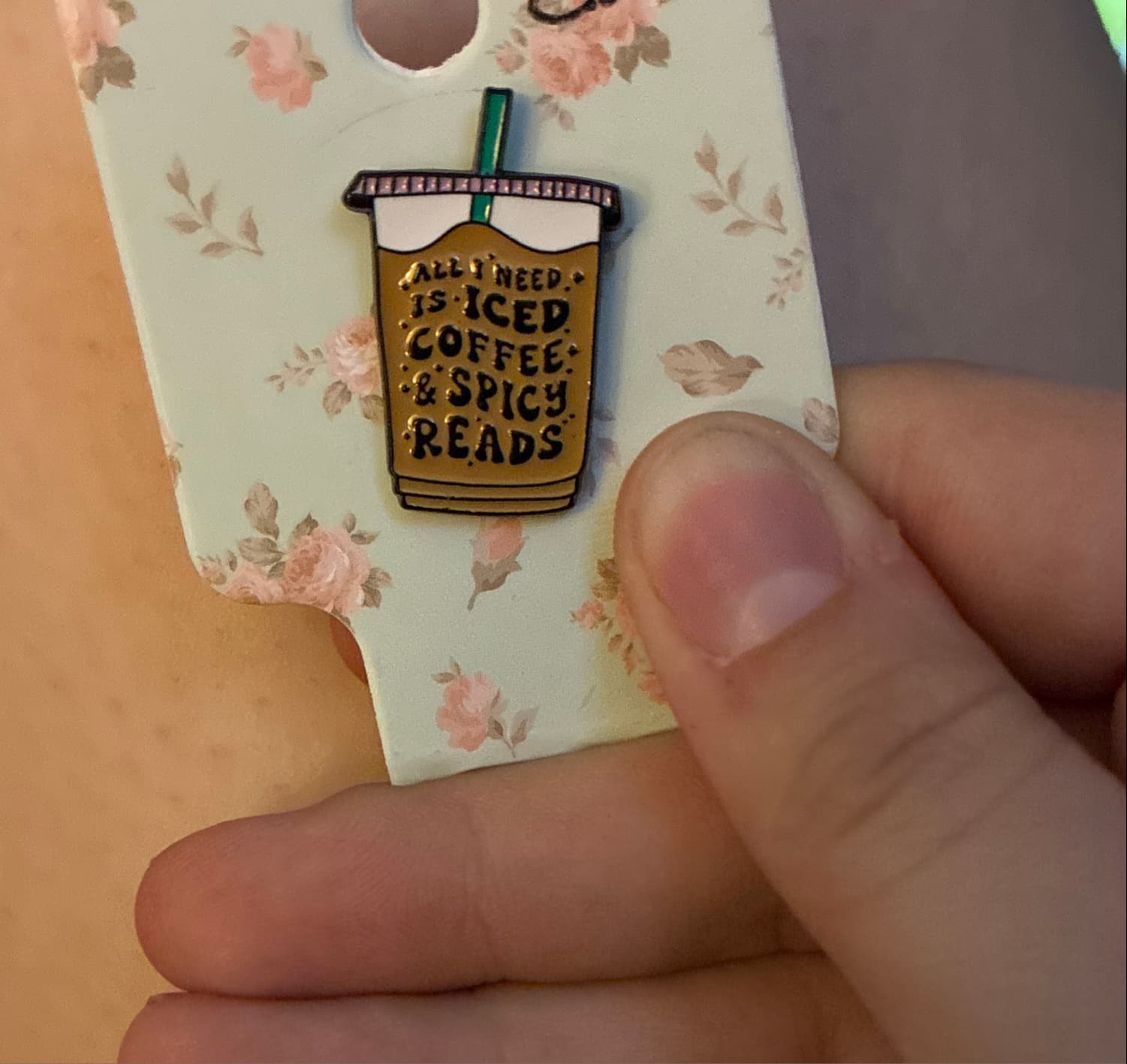 Iced Coffee & Spicy Reads Enamel Pin front