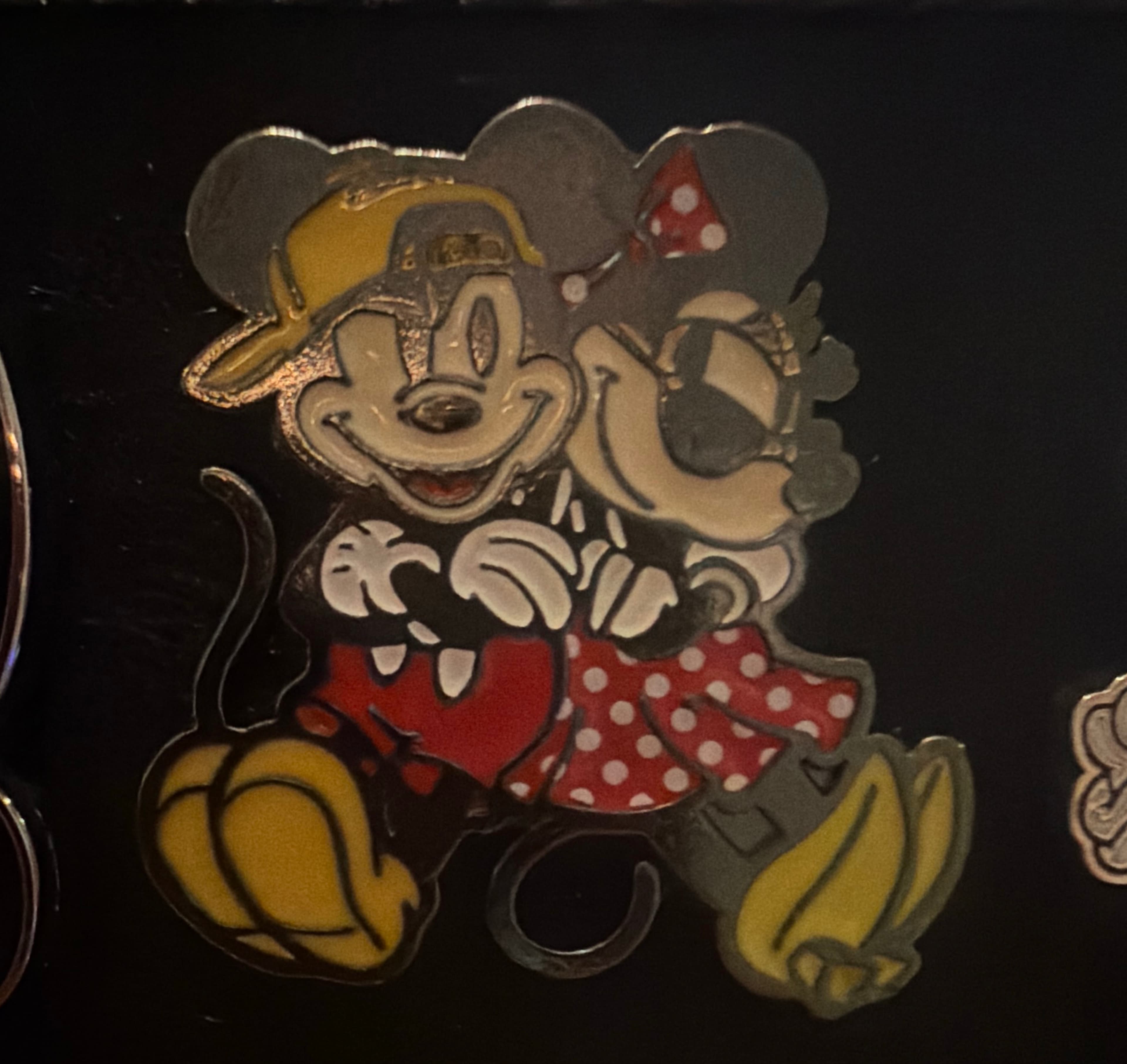 Mickey and Minnie Hugging with Mickey in Yellow Backwards Cap and Minnie in Red Polka Dot Dress front