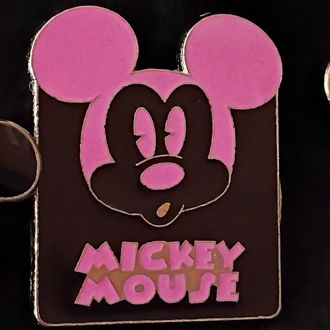 Mickey Mouse Pink and Black Head with Text Pin front