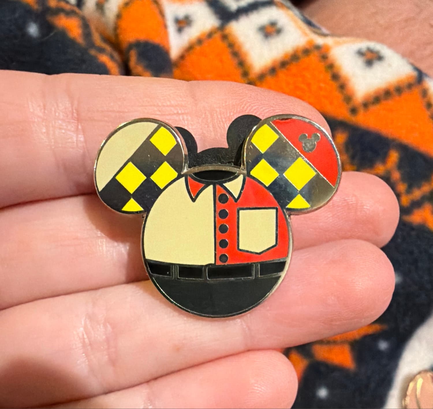 Mickey Mouse Icon Cast Member Uniform with Red and Yellow Checkered Ears Hidden Mickey Pin front