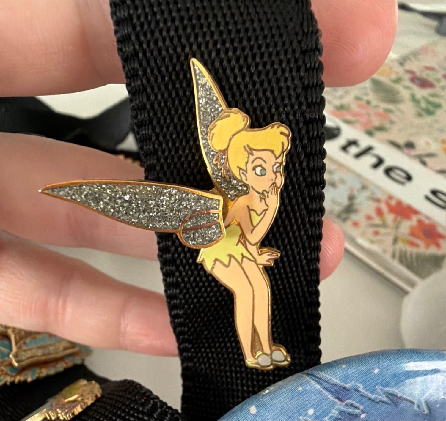 DLR Whispering Tinker Bell Hand Over Mouth Glitter Wings Pin front