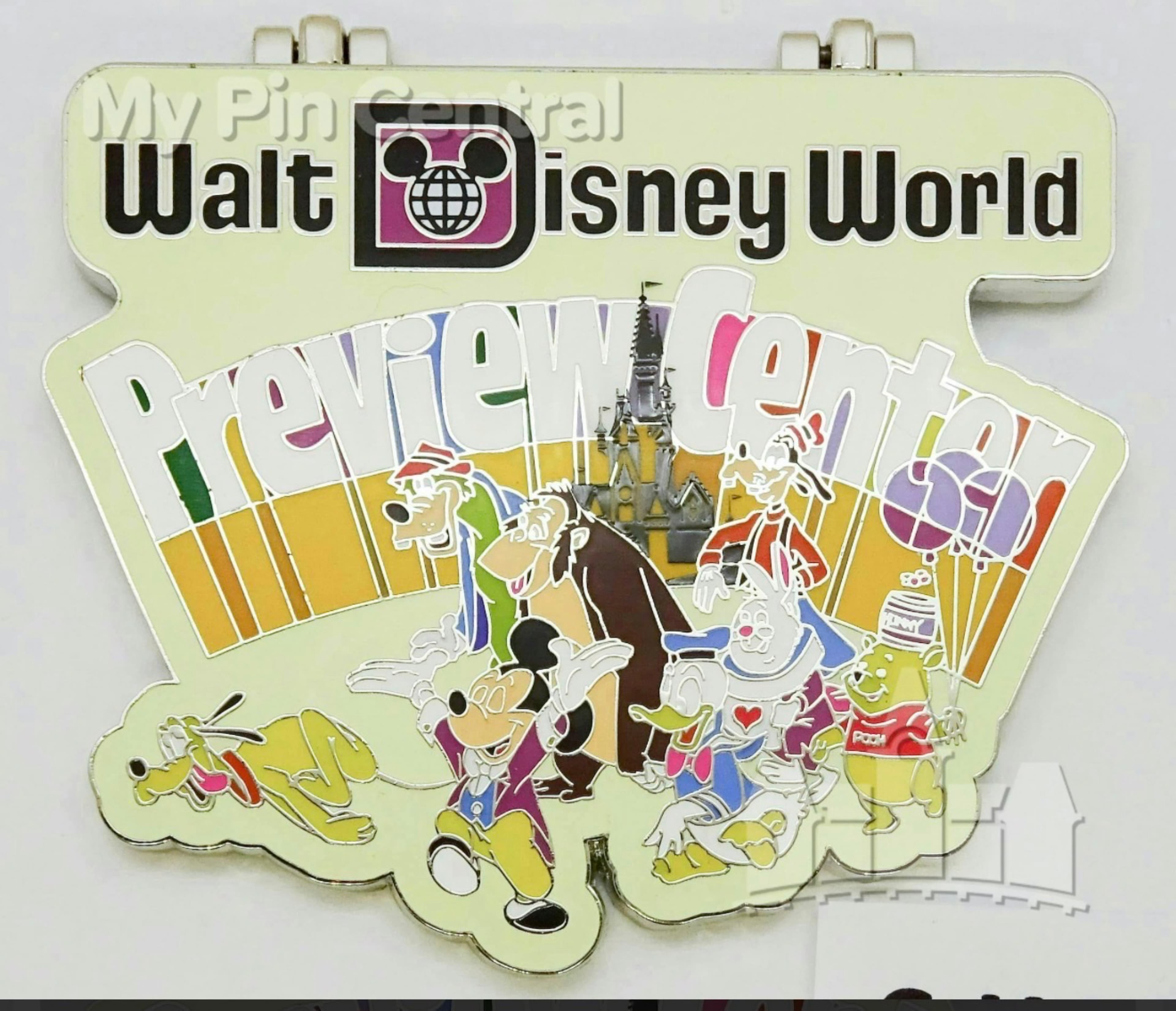 Walt Disney World Preview Center Characters with Cinderella Castle Pin front