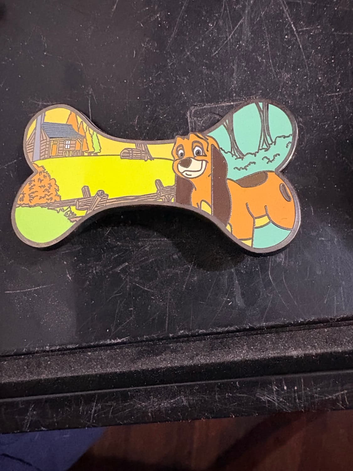 Copper - The Fox and the Hound - Bone Shaped with Cabin Background fantasy pin front