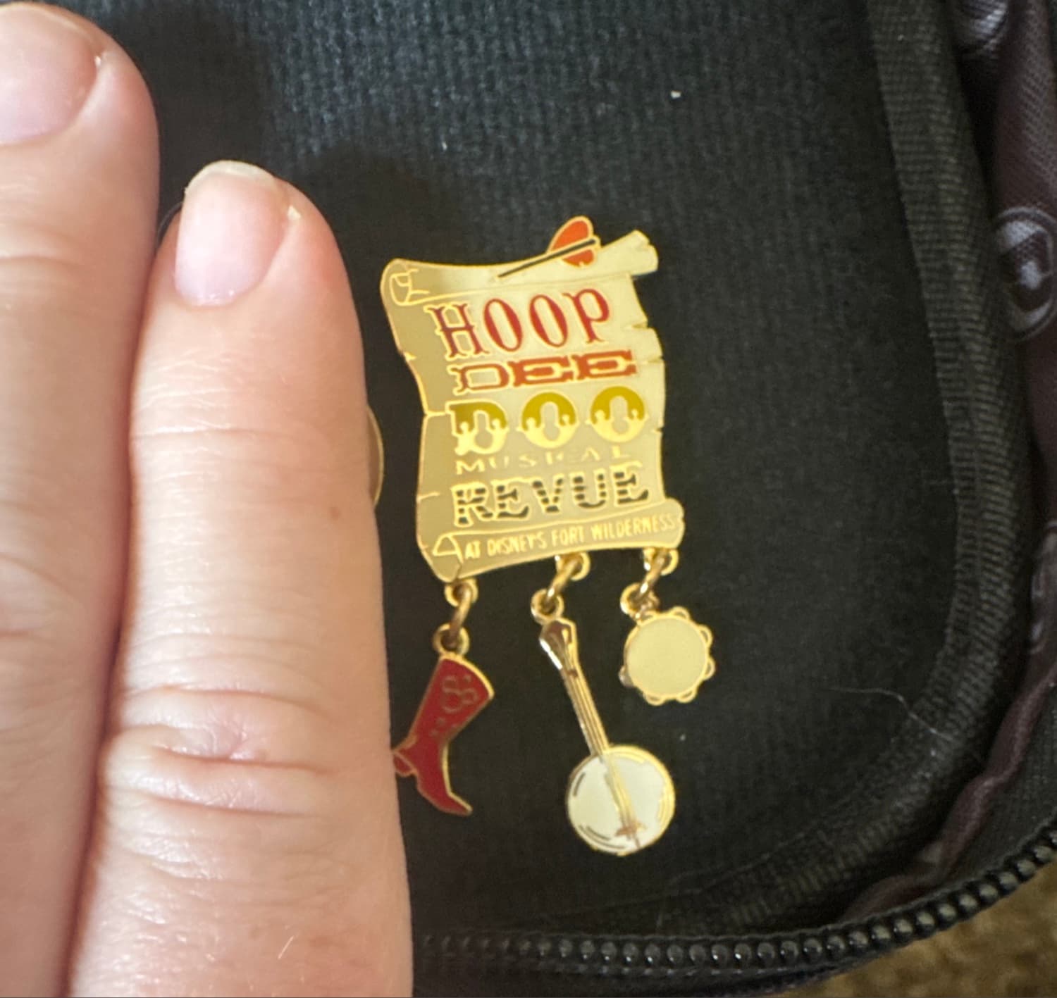 Hoop Dee Doo Musical Revue Fort Wilderness Dangle Pin with Boot, Banjo, and Tambourine front