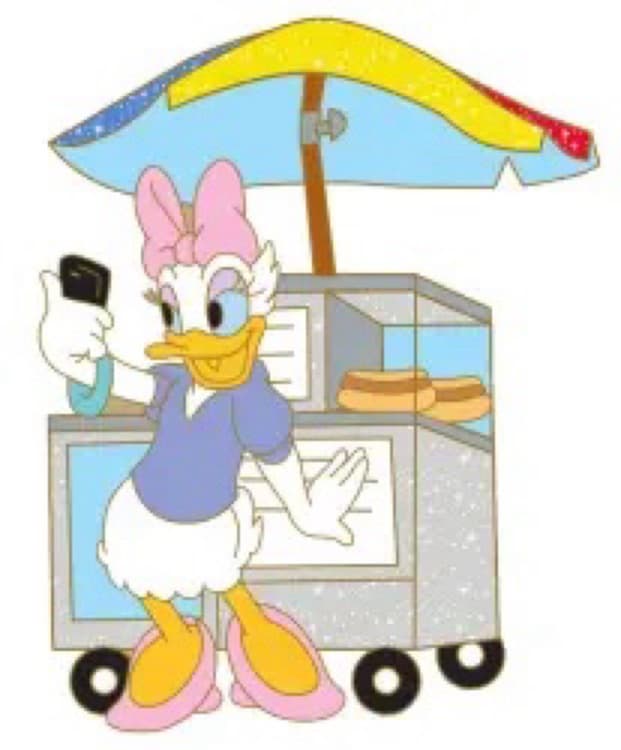 Daisy at a Hot Dog Cart front