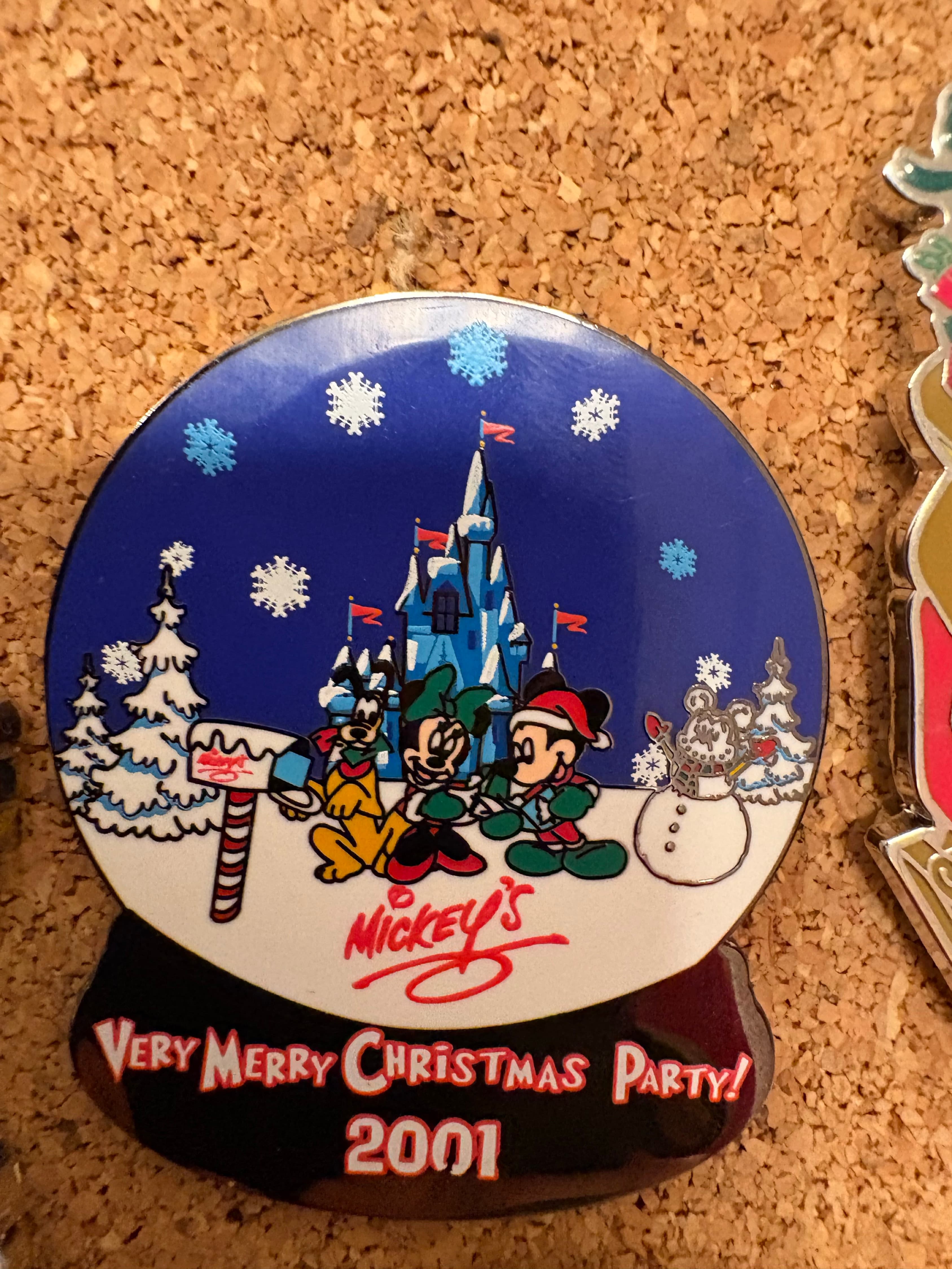 Mickey's Very Merry Christmas Party 2001 Snow Globe Pin front