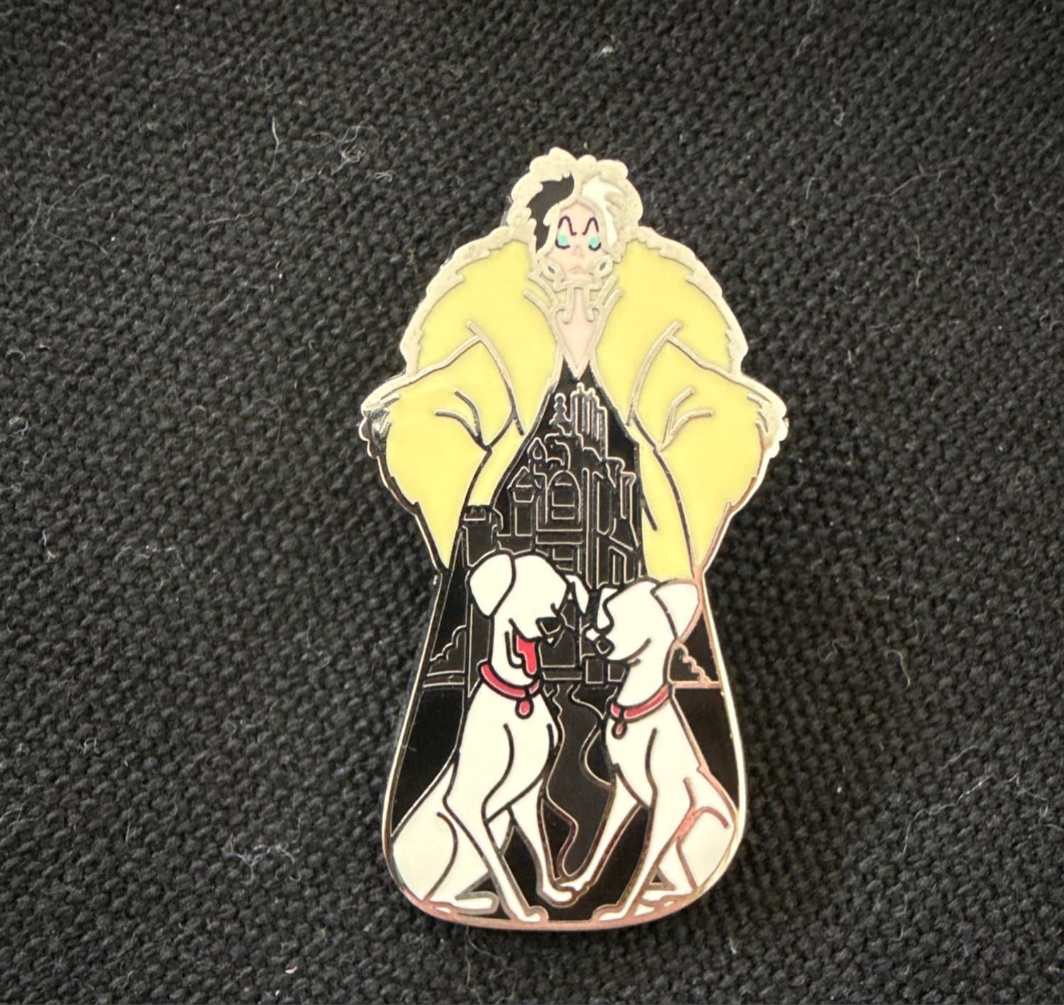 Cruella De Vil with Dalmatians and Castle Pin front