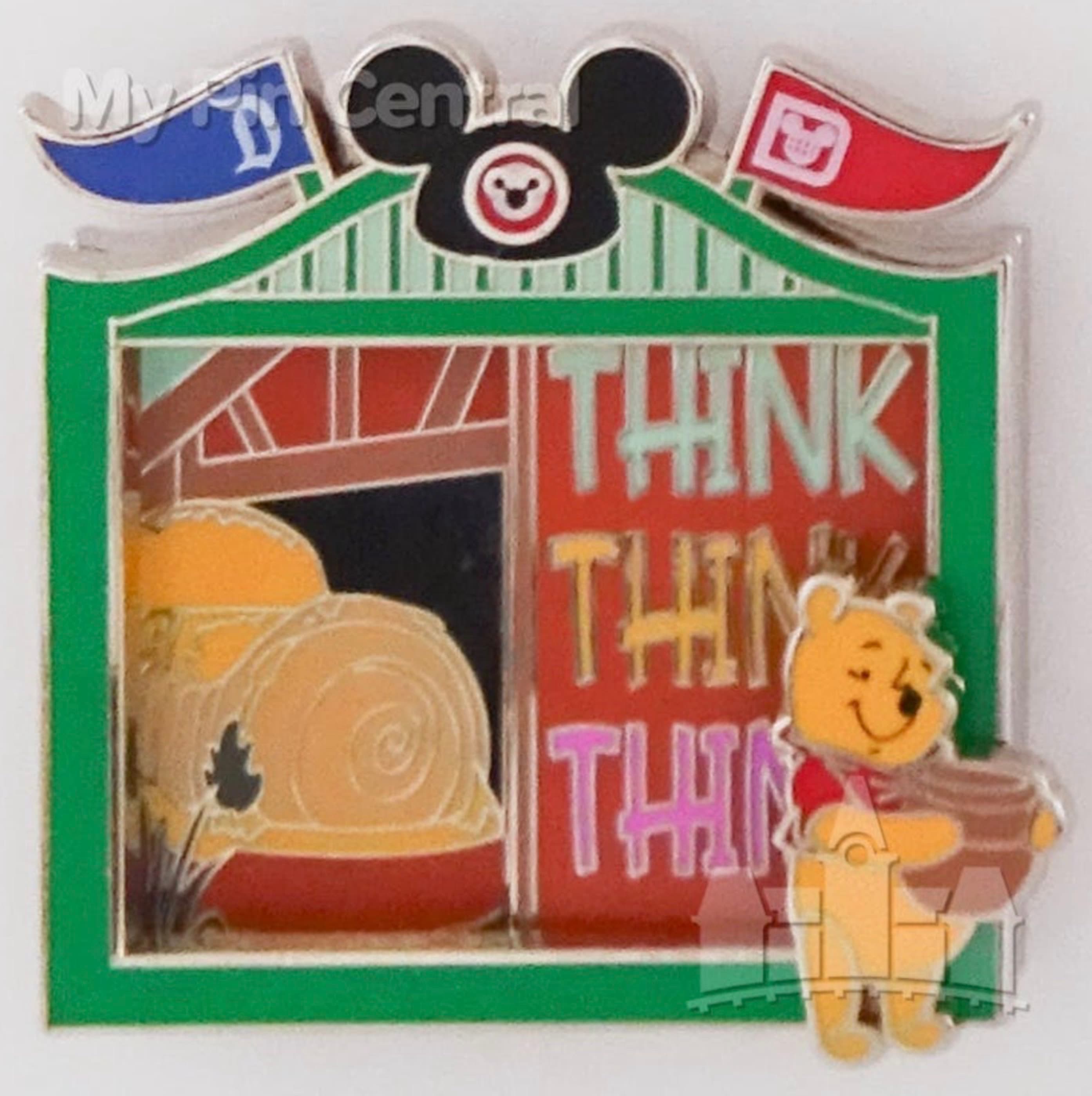 Winnie the Pooh 'Think Think Think' Barn with Honey Pot and Disneyland Flags Pin front