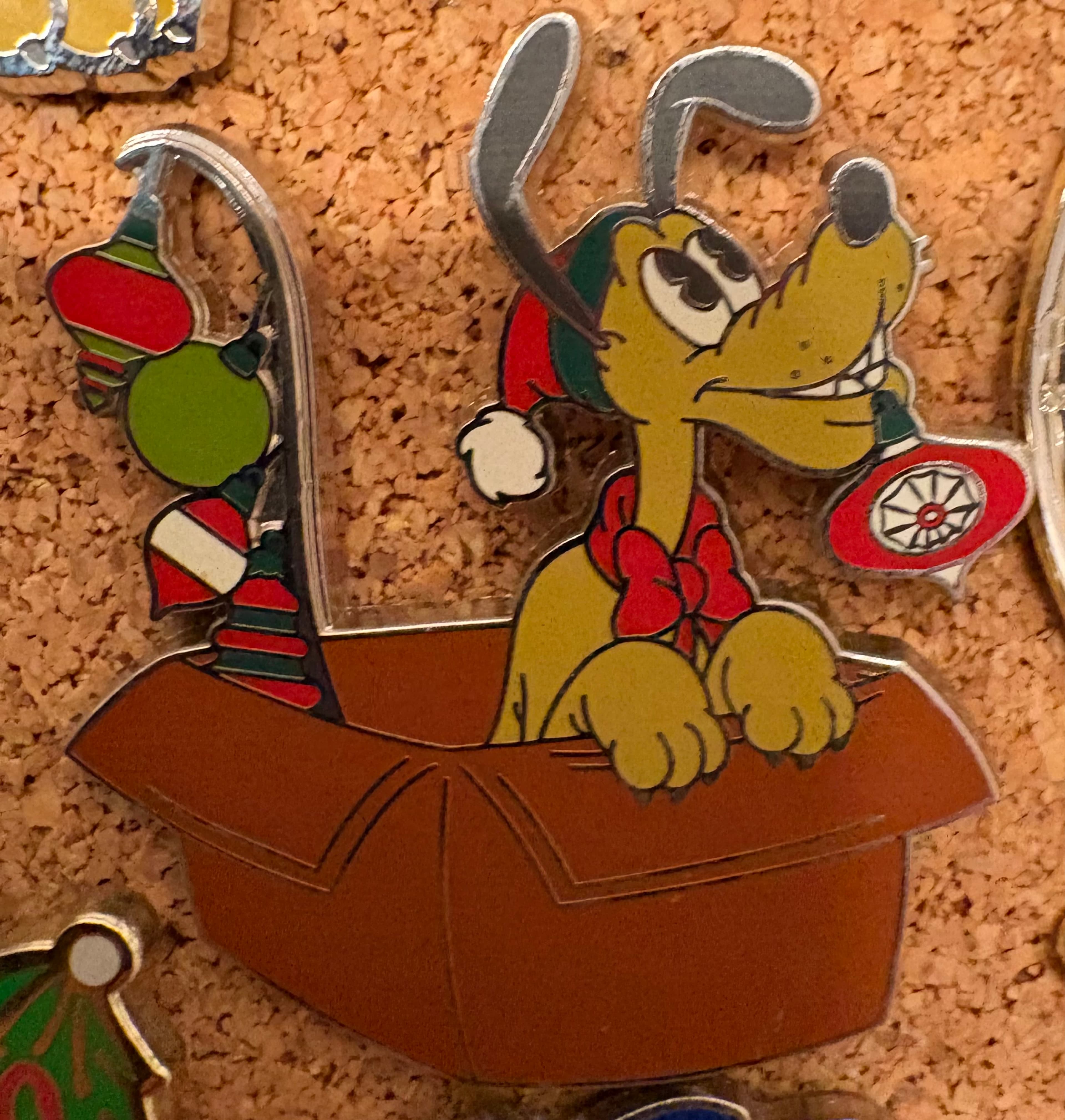 Pluto Christmas Holiday Box with Ornaments Pin front