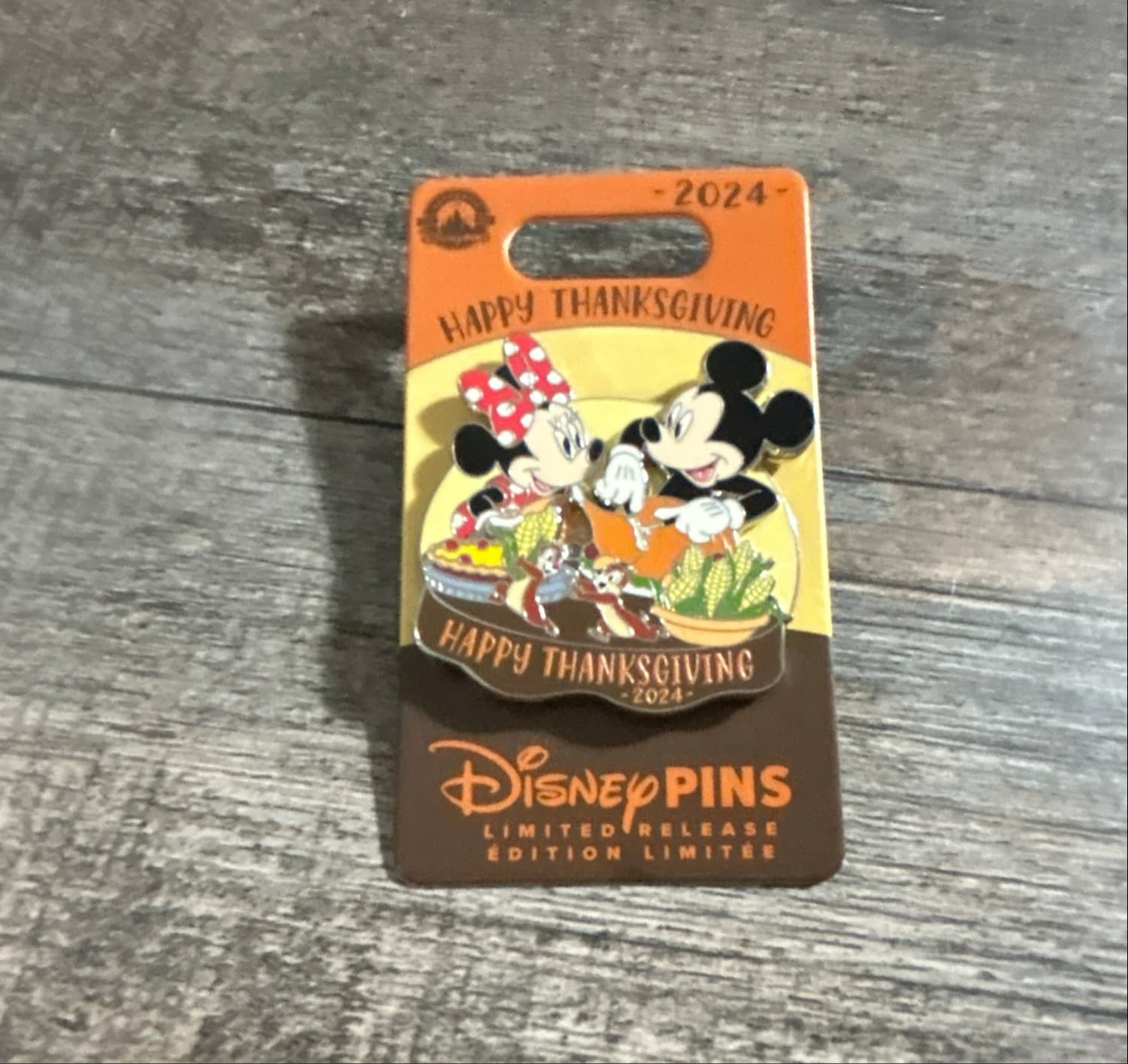 Happy Thanksgiving Mickey, Minnie, Chip and Dale 2024 Pin front