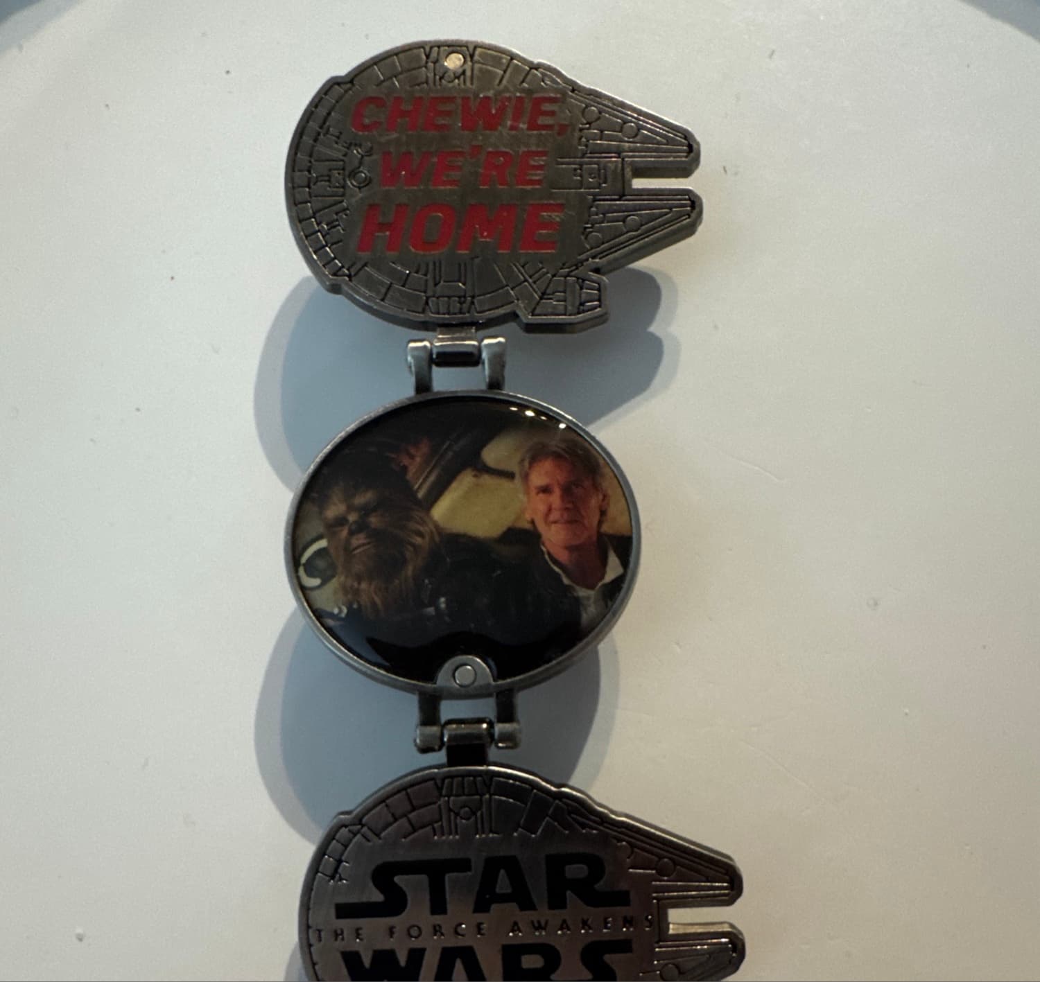 Star Wars: The Force Awakens Millennium Falcon 'Chewie, We're Home' Han Solo & Chewbacca Dangle Pin front