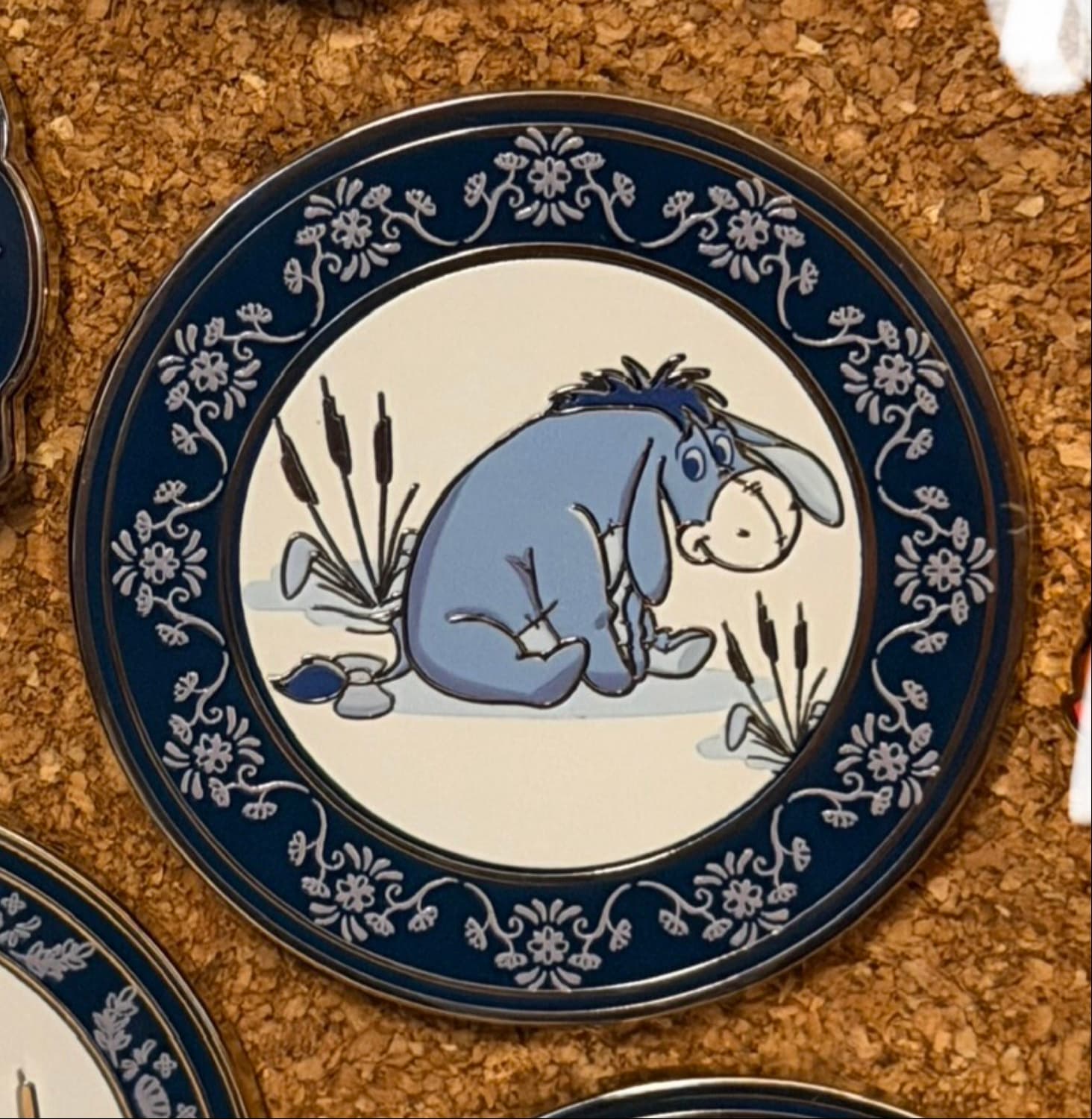 Disney Winnie the Pooh Eeyore Sitting Blue Delft-Inspired Pin front