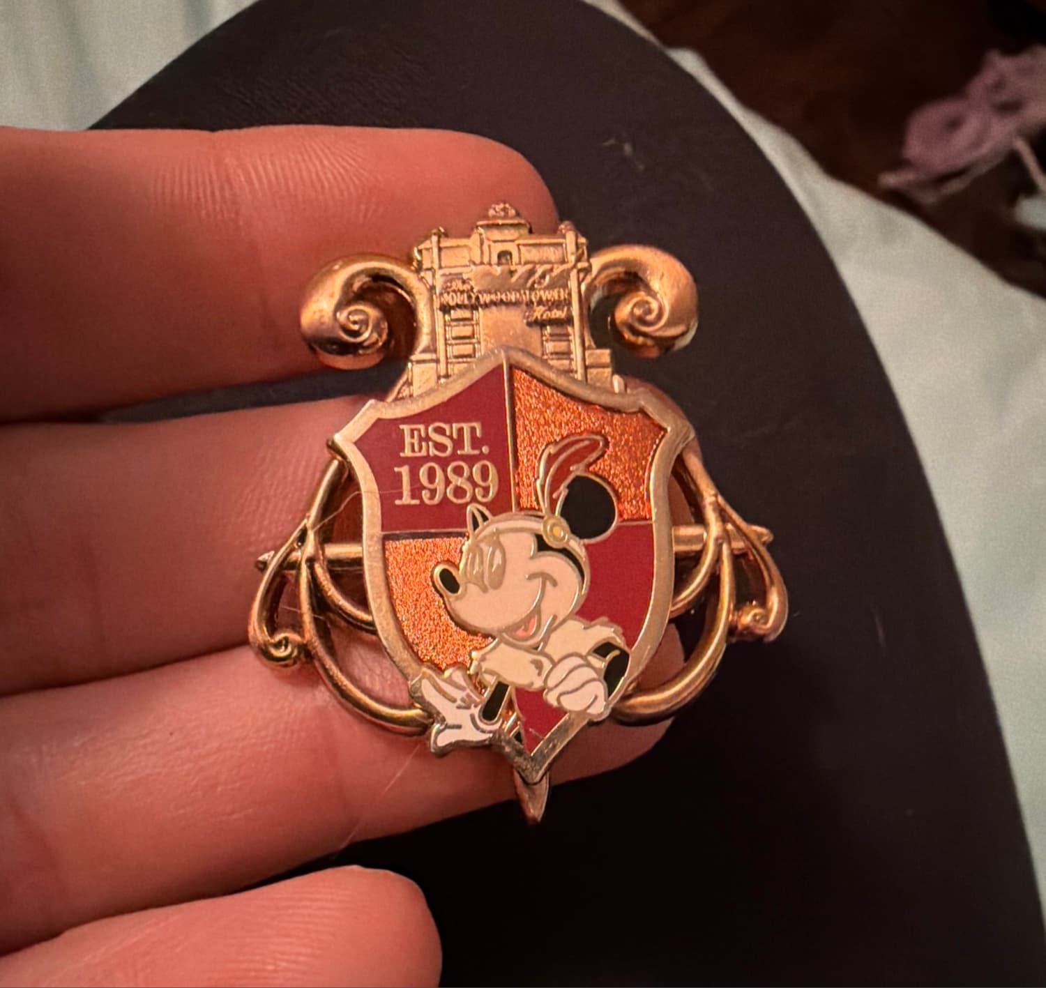 Hollywood Tower EST. 1989 Shield Pin front