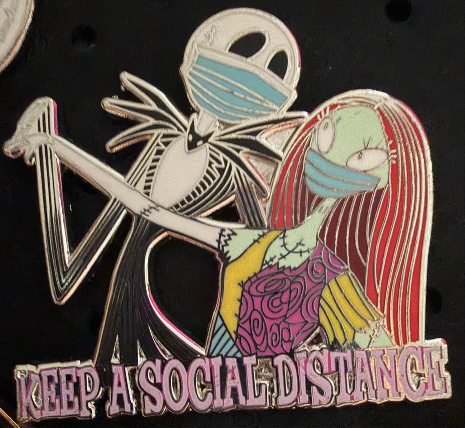 Jack Skellington and Sally Keep a Social Distance Face Mask Fantasy Pin front