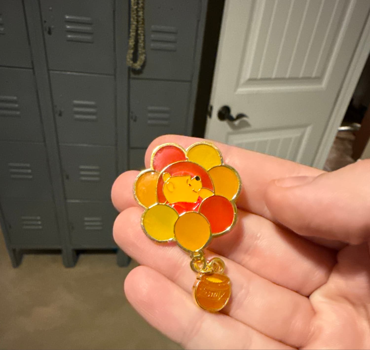 Winnie the Pooh Pooh with balloons Layered Enamel Pin with Honey Pot Dangle front