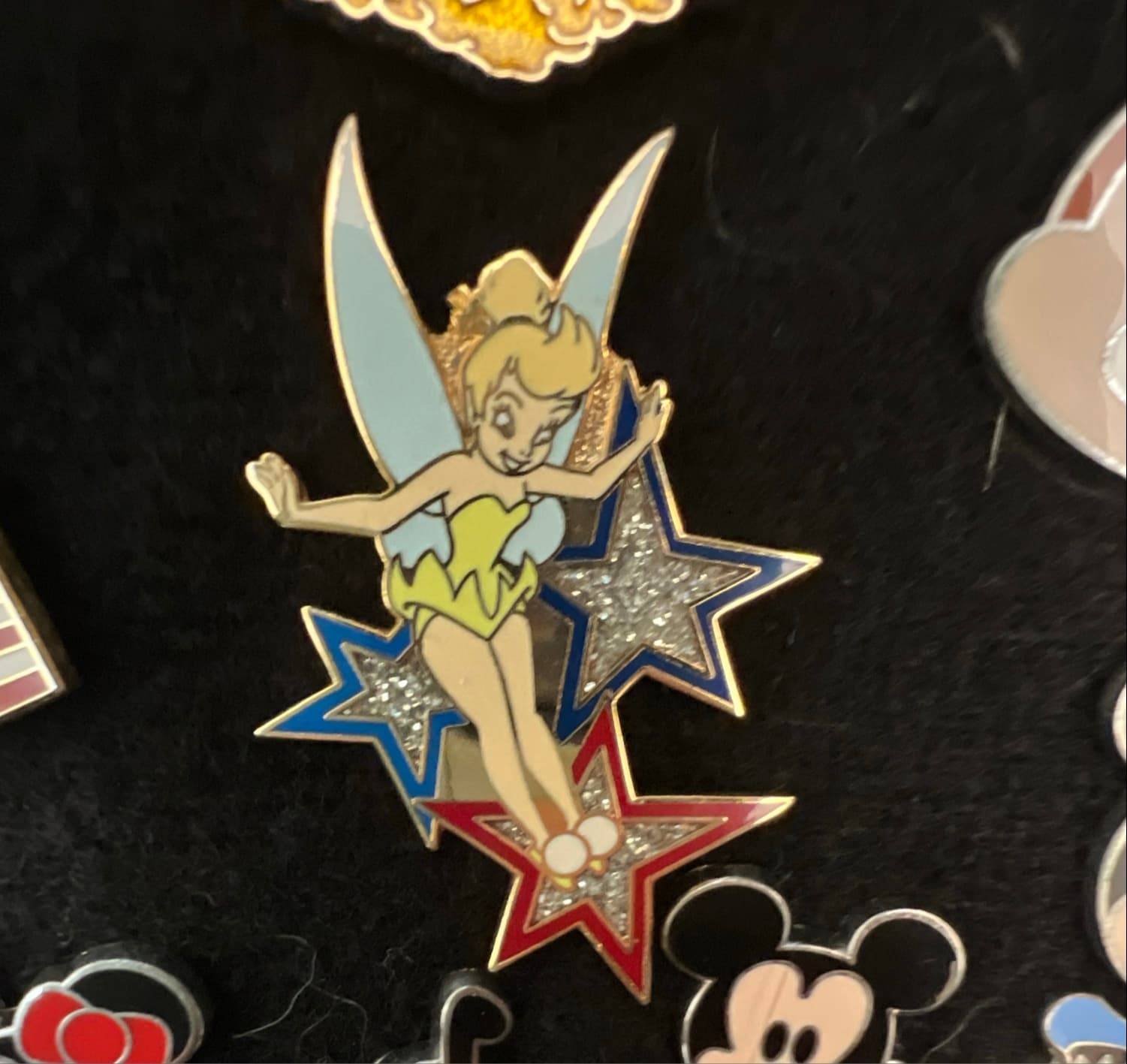 Tinker Bell 4th of July Red Blue Glitter Stars Pin front