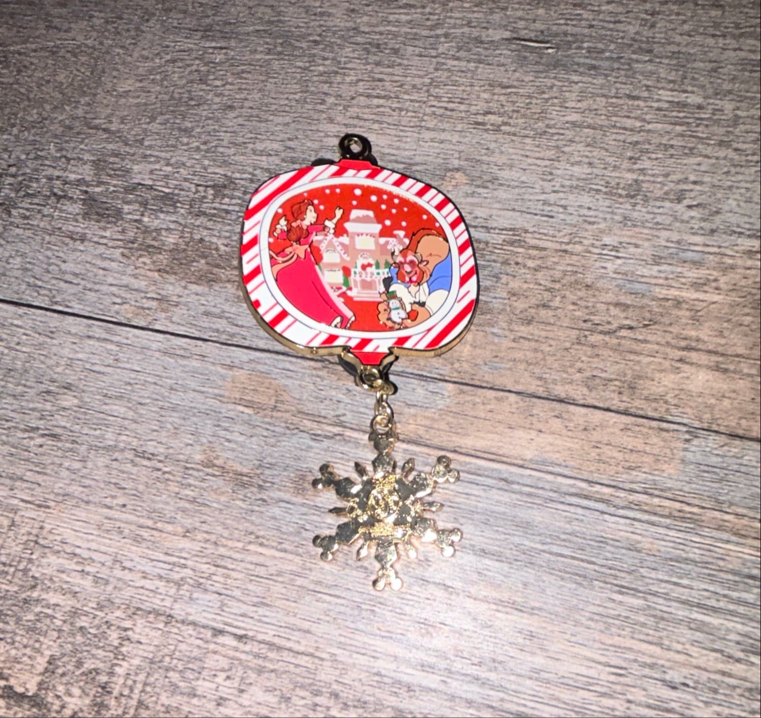 Beauty and the Beast Christmas Holiday Belle and Beast with Snowflake Dangle Pin front