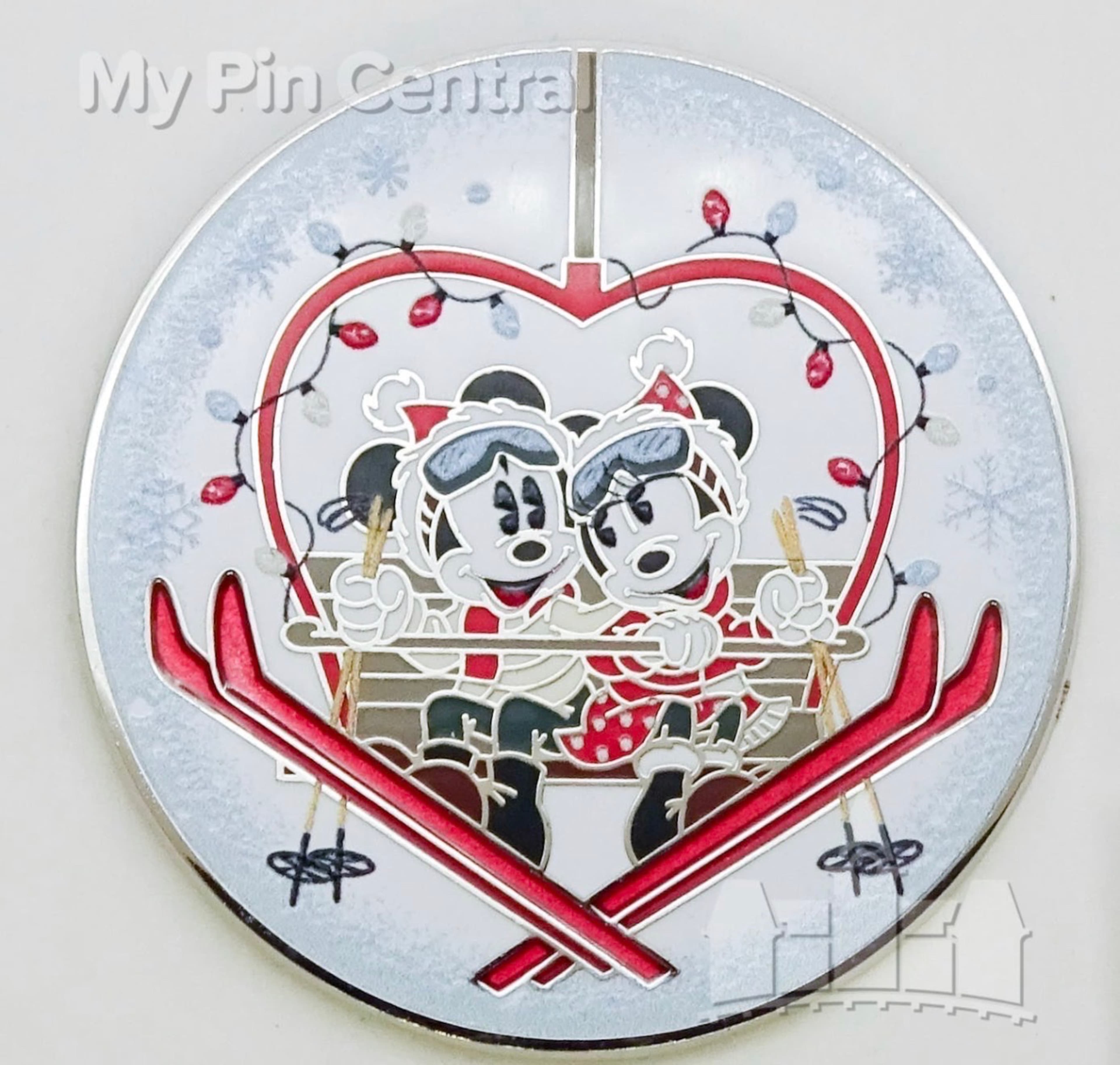 Disney Parks Christmas Mickey and Minnie Mouse Ski Lift Heart Pin front