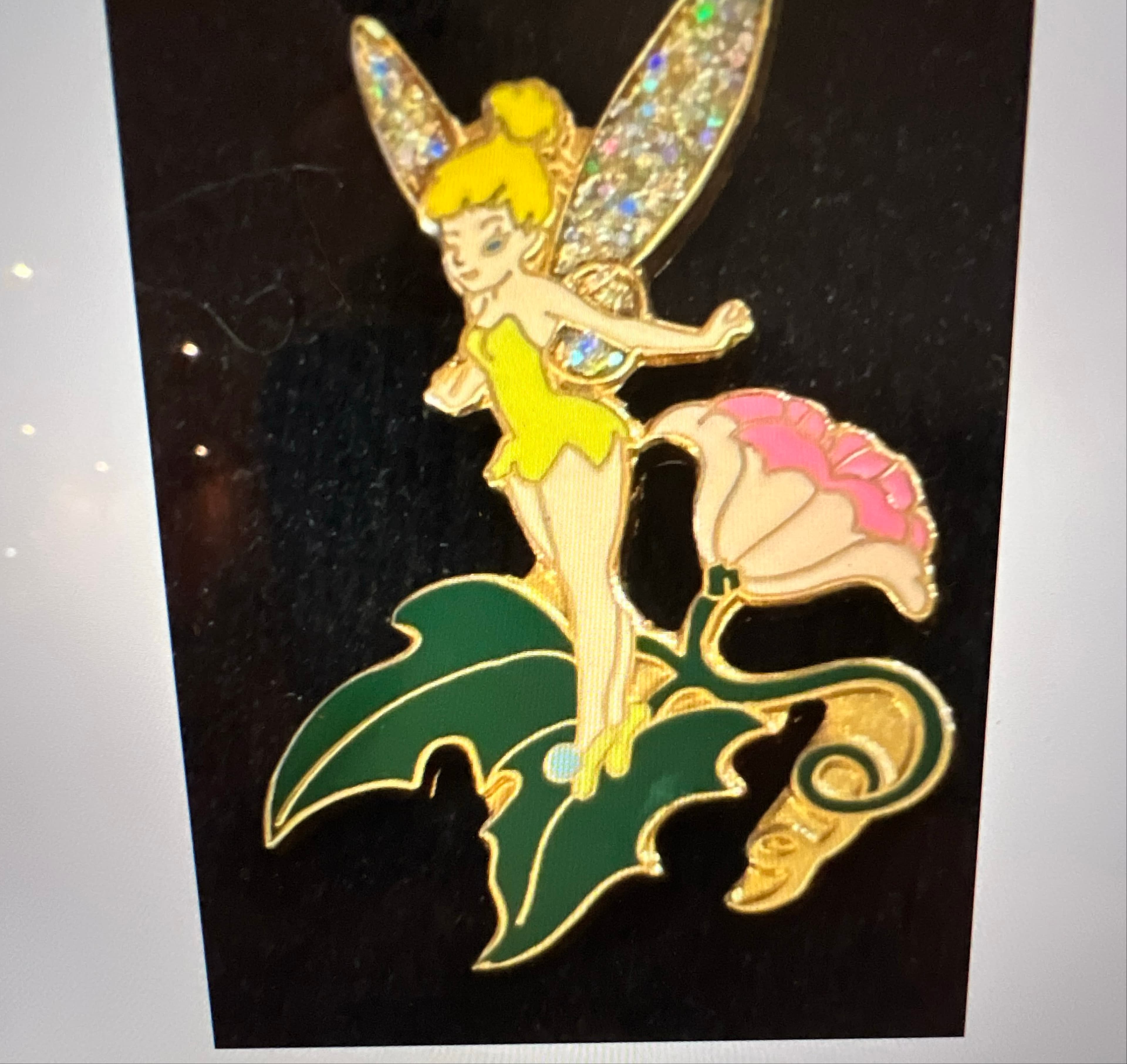 Tinker Bell on Pink Flower Leaf Glitter Wings Pin front