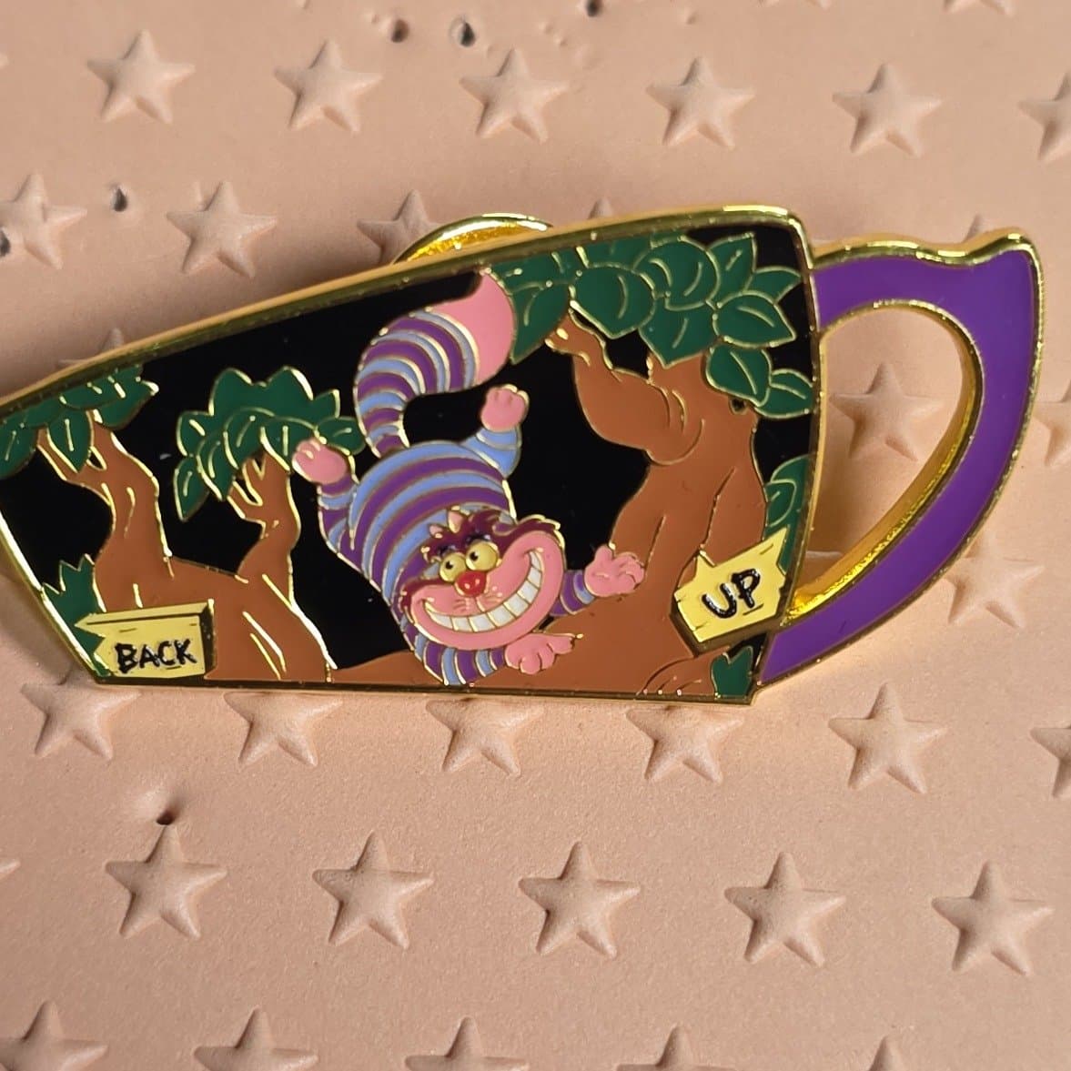 Cheshire Cat Teacup with 'BACK' and 'UP' Signs front